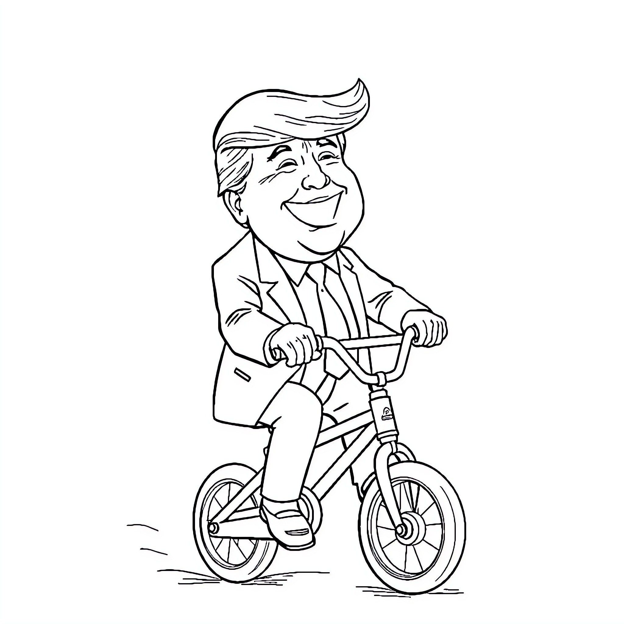 Trump riding a bicycle with a cheerful expression Coloring Page (free black-and-white line drawing printable PDF for all, from beginners to advanced learners, including children, teens, adults, and seniors)