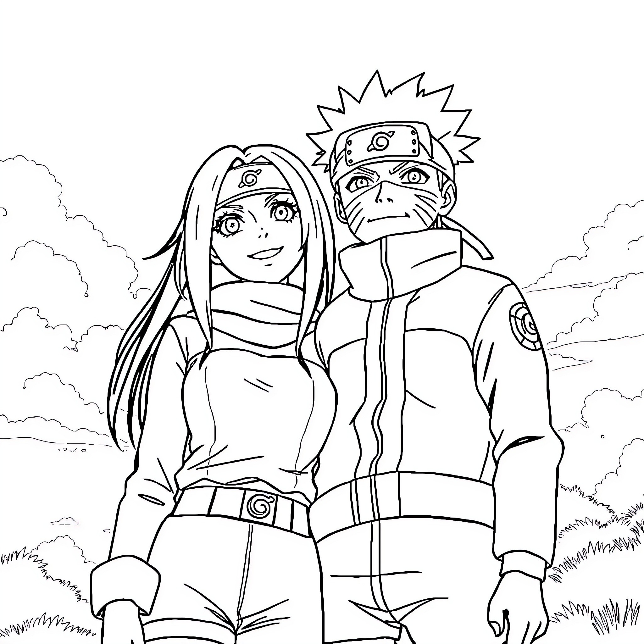 Naruto and Hinata facing adventures together Coloring Page (free black-and-white line drawing printable PDF for all, from beginners to advanced learners, including children, teens, adults, and seniors)