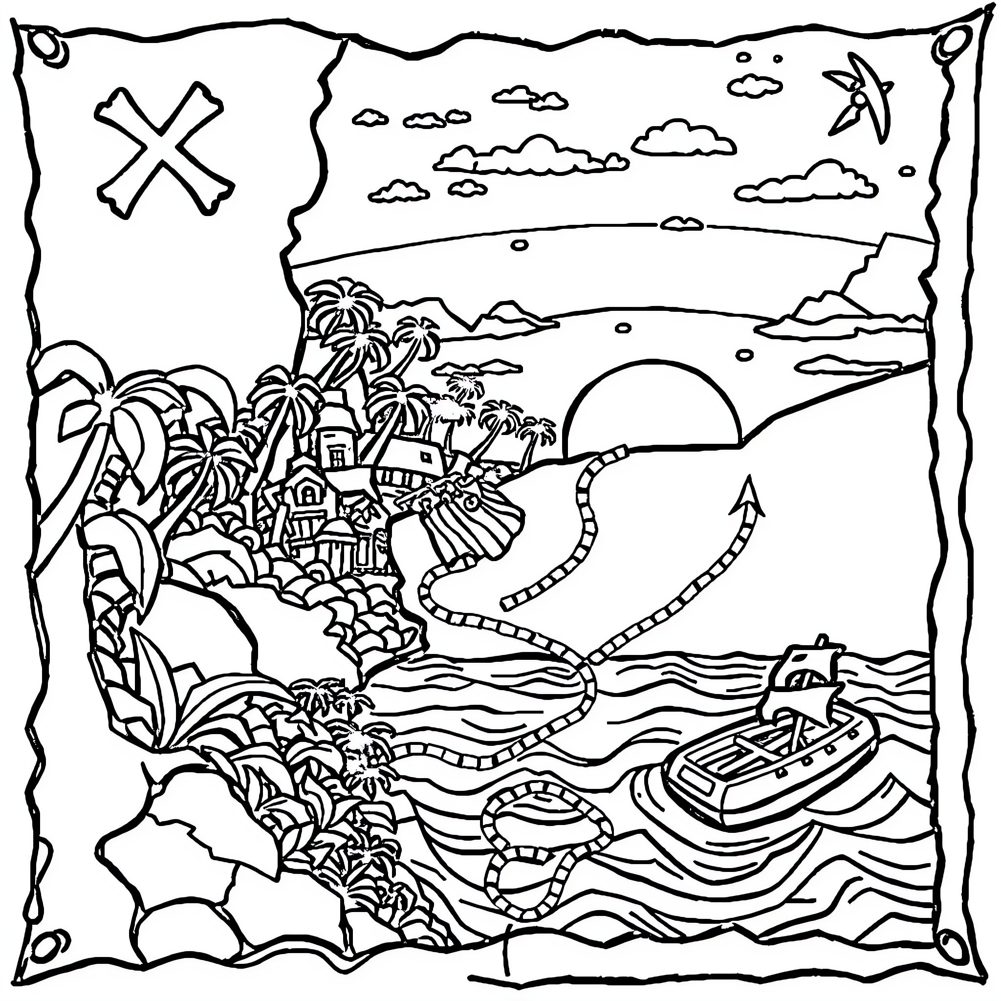 Pirate Map of Tropical Island Coastline Coloring Page (free black-and-white line drawing printable PDF for all, from beginners to advanced learners, including children, teens, adults, and seniors)