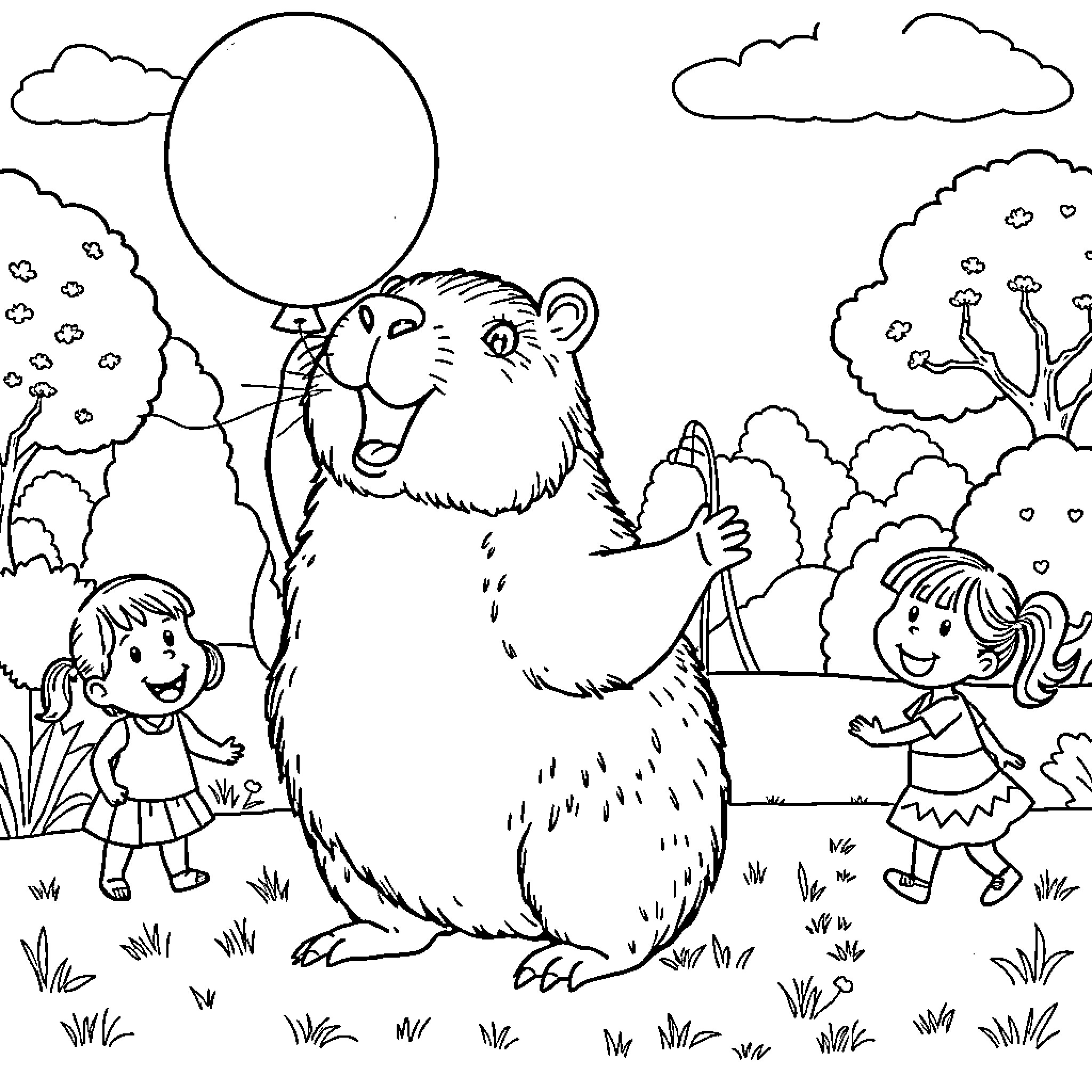 Capybara playing with children in nature Coloring Page (free black-and-white line drawing printable PDF for all, from beginners to advanced learners, including children, teens, adults, and seniors)