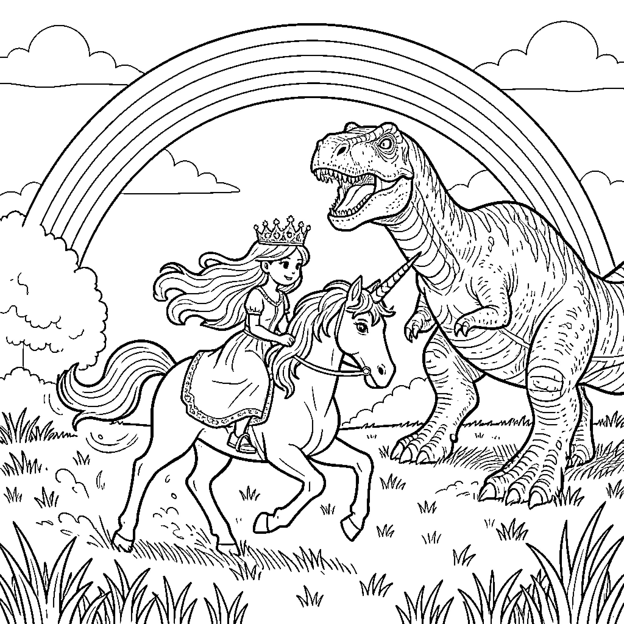 Princess riding a unicorn near a large dinosaur Coloring Page (free black-and-white line drawing printable PDF for all, from beginners to advanced learners, including children, teens, adults, and seniors)