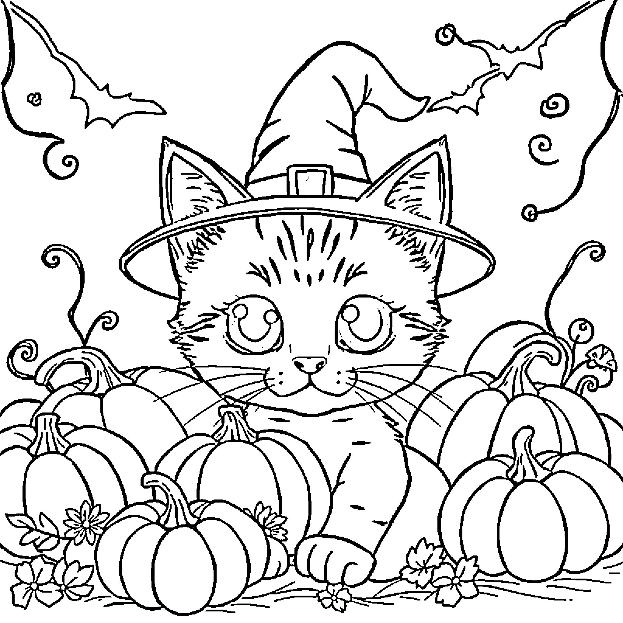 Cat in Halloween Costume with Pumpkins Coloring Page (free black-and-white line drawing printable PDF for all, from beginners to advanced learners, including children, teens, adults, and seniors)