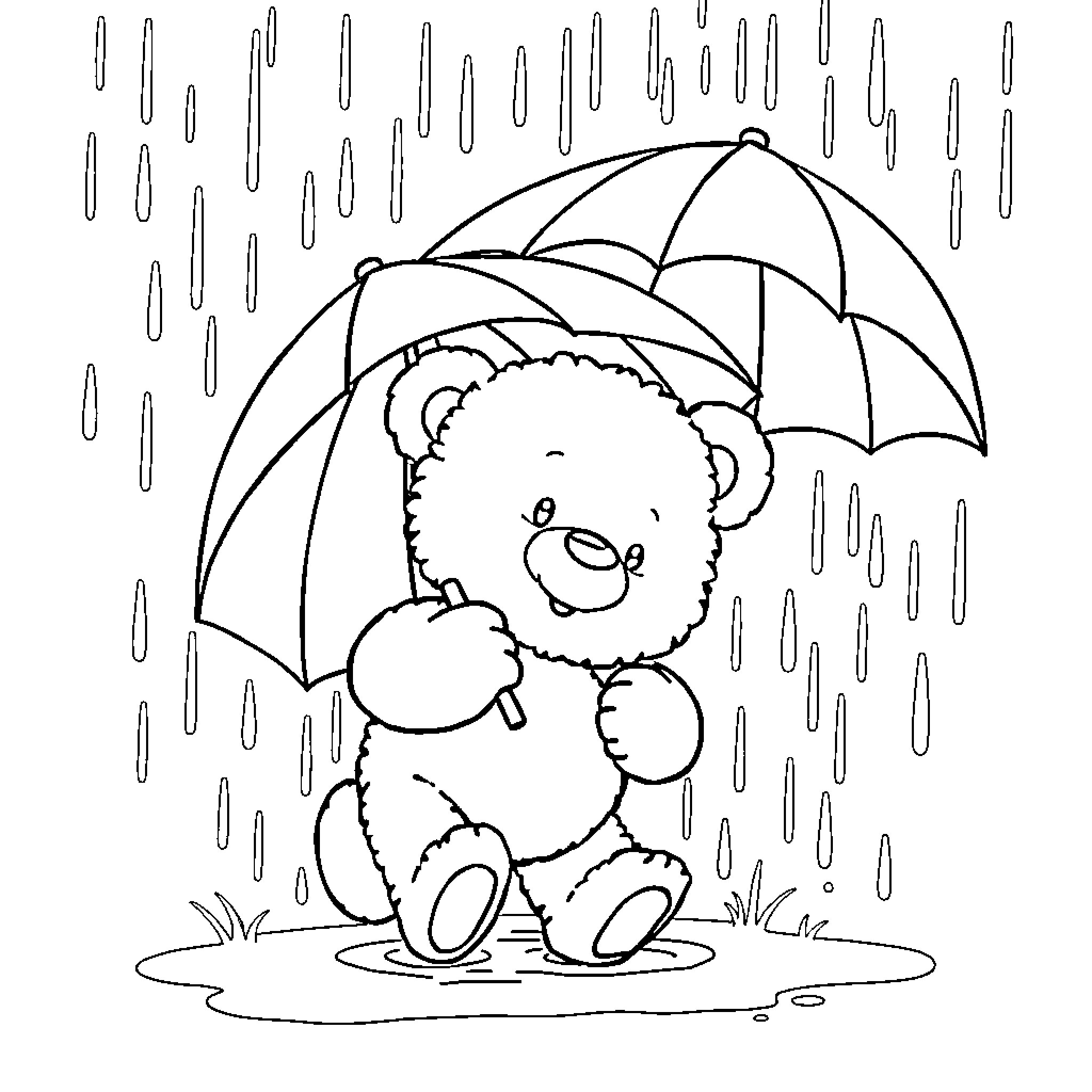 Teddy Bear playing in the rain with umbrella Coloring Page (free black-and-white line drawing printable PDF for all, from beginners to advanced learners, including children, teens, adults, and seniors)