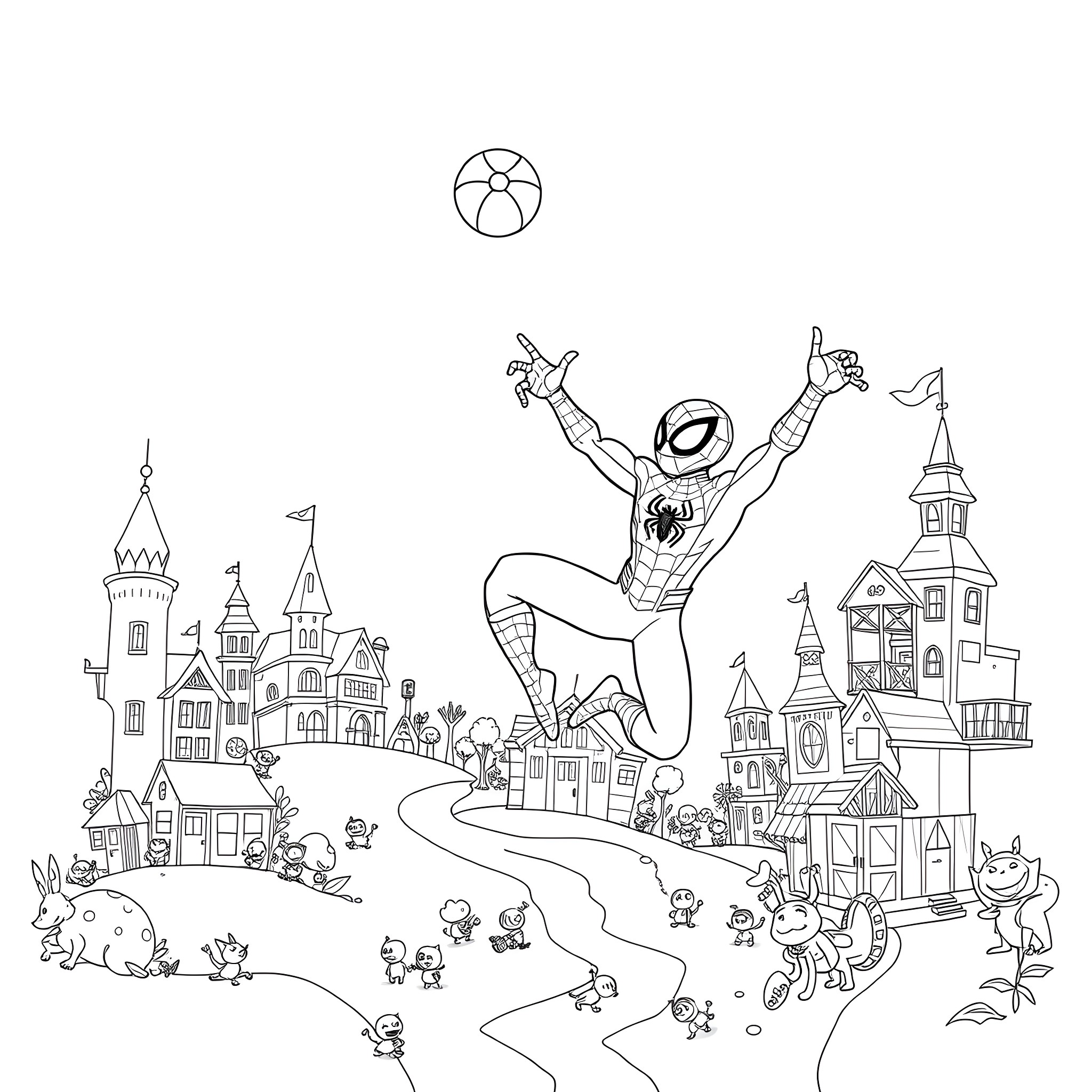 Spiderman saves the day in a fantastical town Coloring Page (free black-and-white line drawing printable PDF for all, from beginners to advanced learners, including children, teens, adults, and seniors)