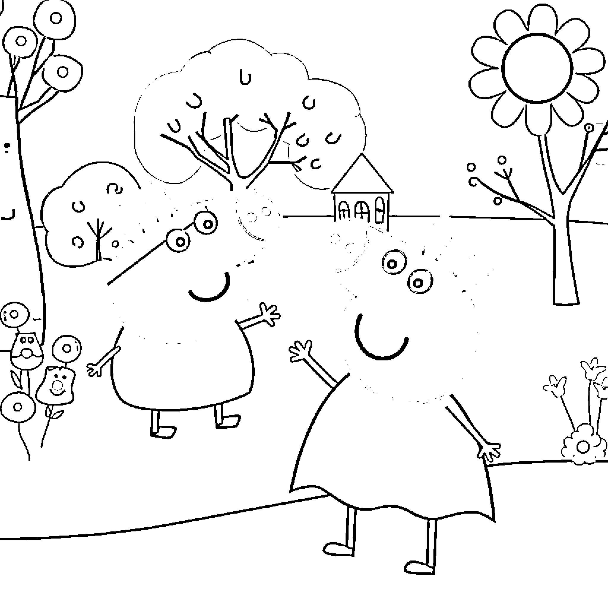 Peppa Pig enjoying a playful day outdoors Coloring Page (free black-and-white line drawing printable PDF for all, from beginners to advanced learners, including children, teens, adults, and seniors)
