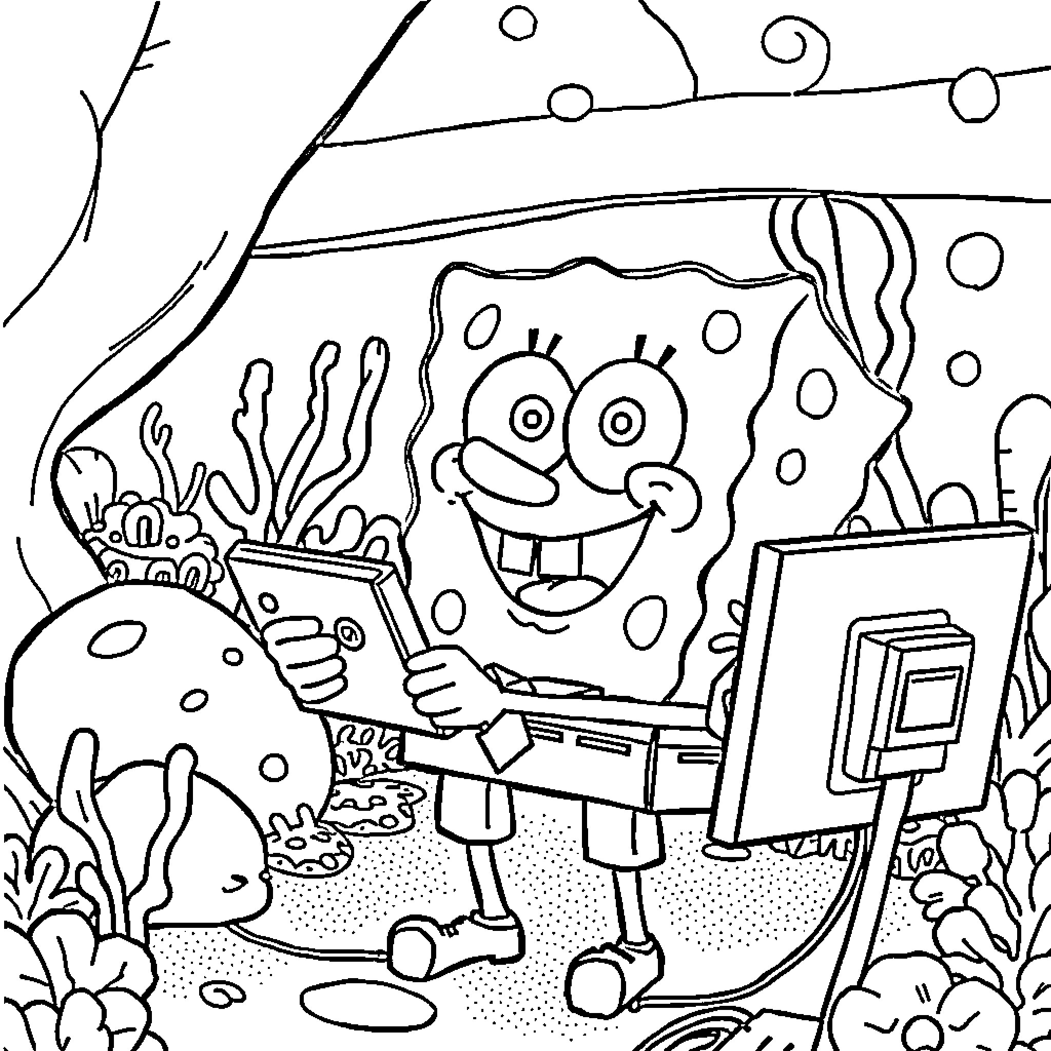 Spongebob exploring the underwater world Coloring Page (free black-and-white line drawing printable PDF for all, from beginners to advanced learners, including children, teens, adults, and seniors)