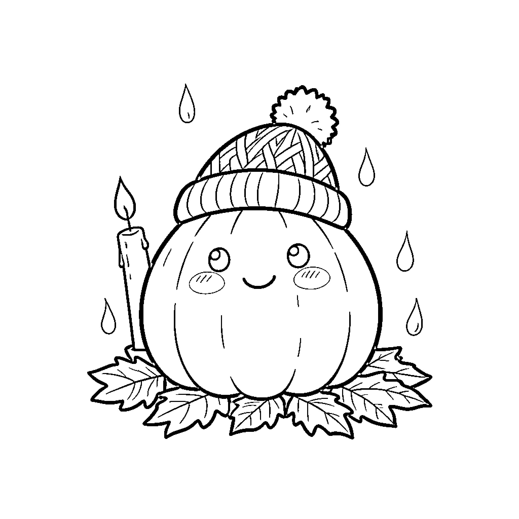 Pumpkin wearing a cozy beanie and smiling happily Coloring Page (free black-and-white line drawing printable PDF for all, from beginners to advanced learners, including children, teens, adults, and seniors)