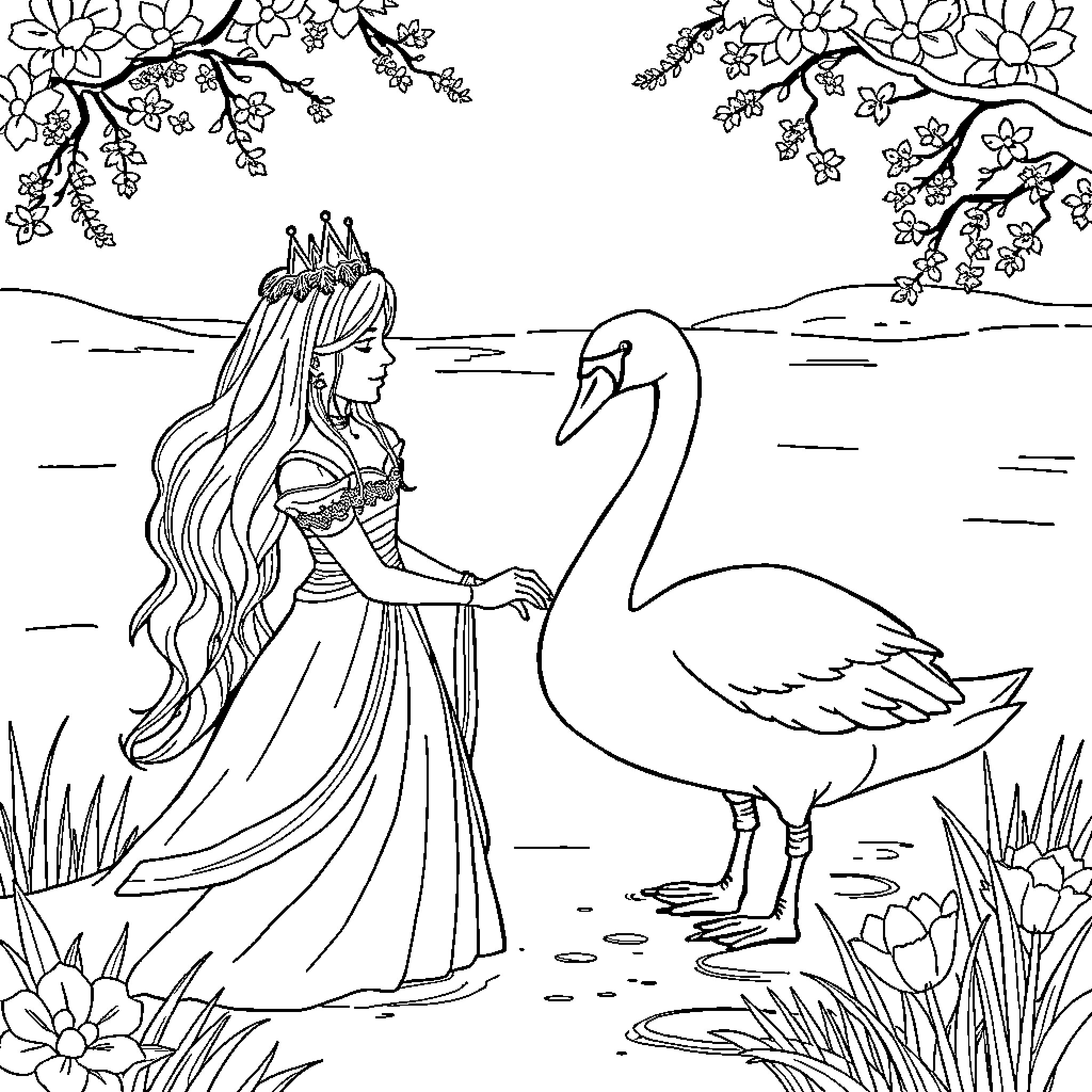 Swan Princess in Floral Garden Encounter Coloring Page (free black-and-white line drawing printable PDF for all, from beginners to advanced learners, including children, teens, adults, and seniors)