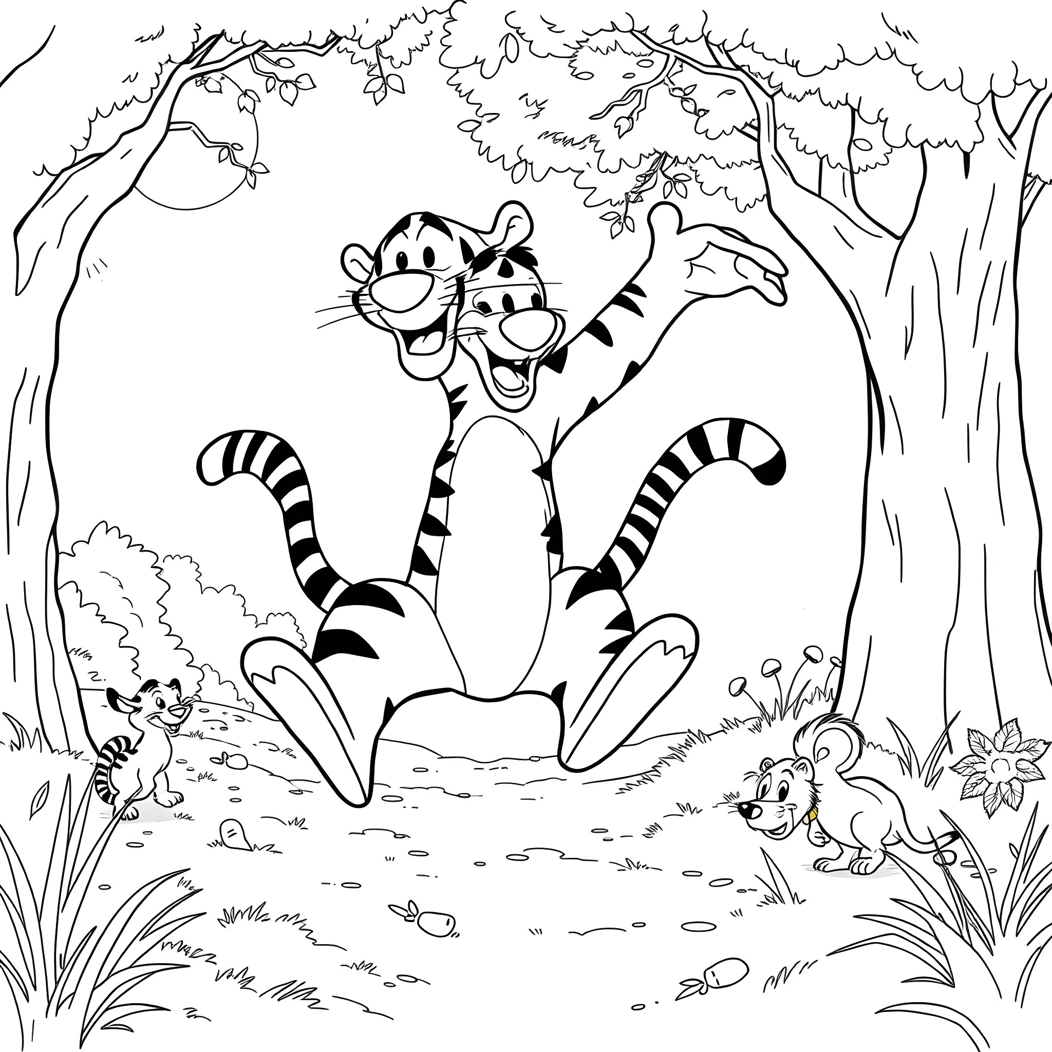 Tigger and Piglet exploring the enchanted forest Coloring Page (free black-and-white line drawing printable PDF for all, from beginners to advanced learners, including children, teens, adults, and seniors)