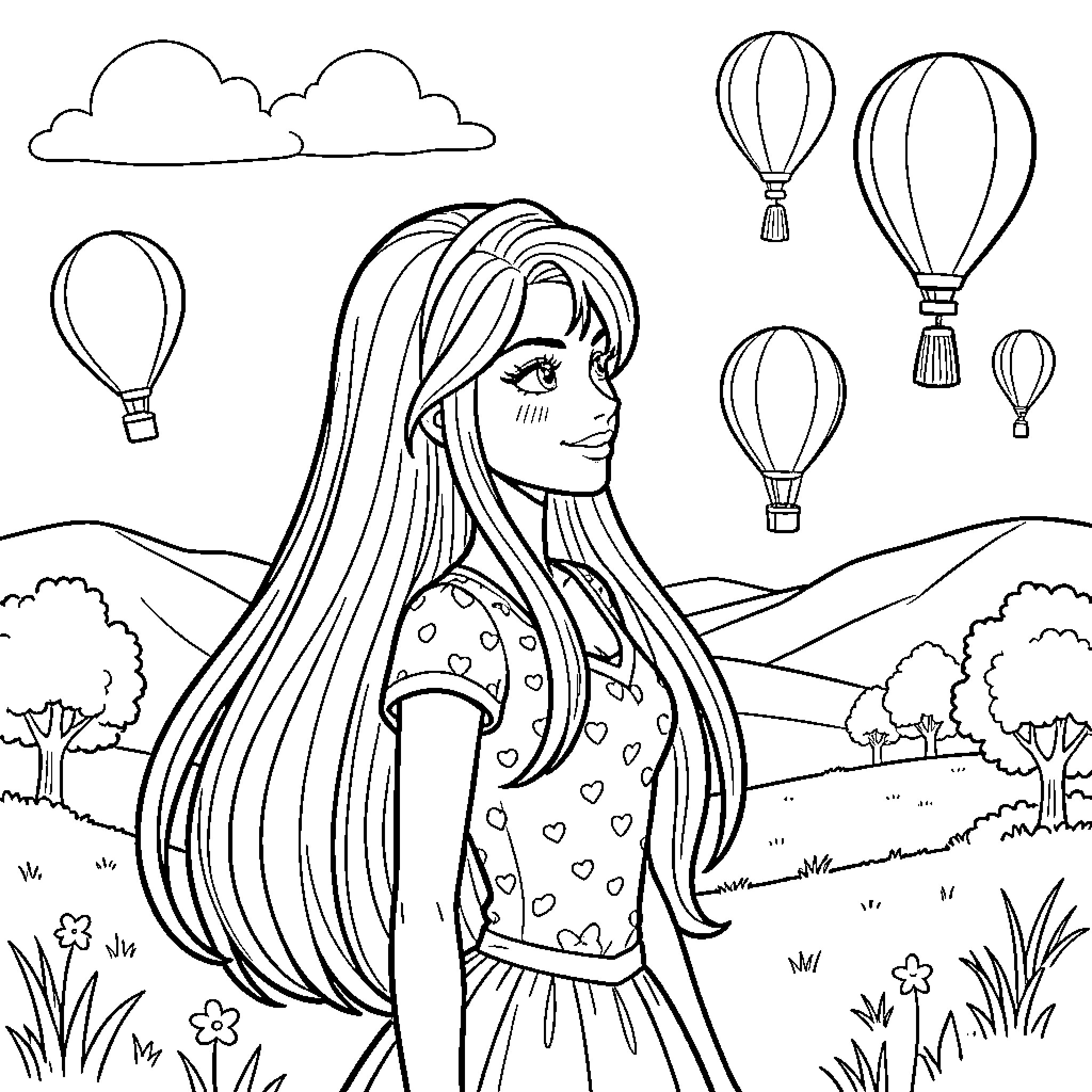 Fille smiling while looking at hot air balloons Coloring Page (free black-and-white line drawing printable PDF for all, from beginners to advanced learners, including children, teens, adults, and seniors)