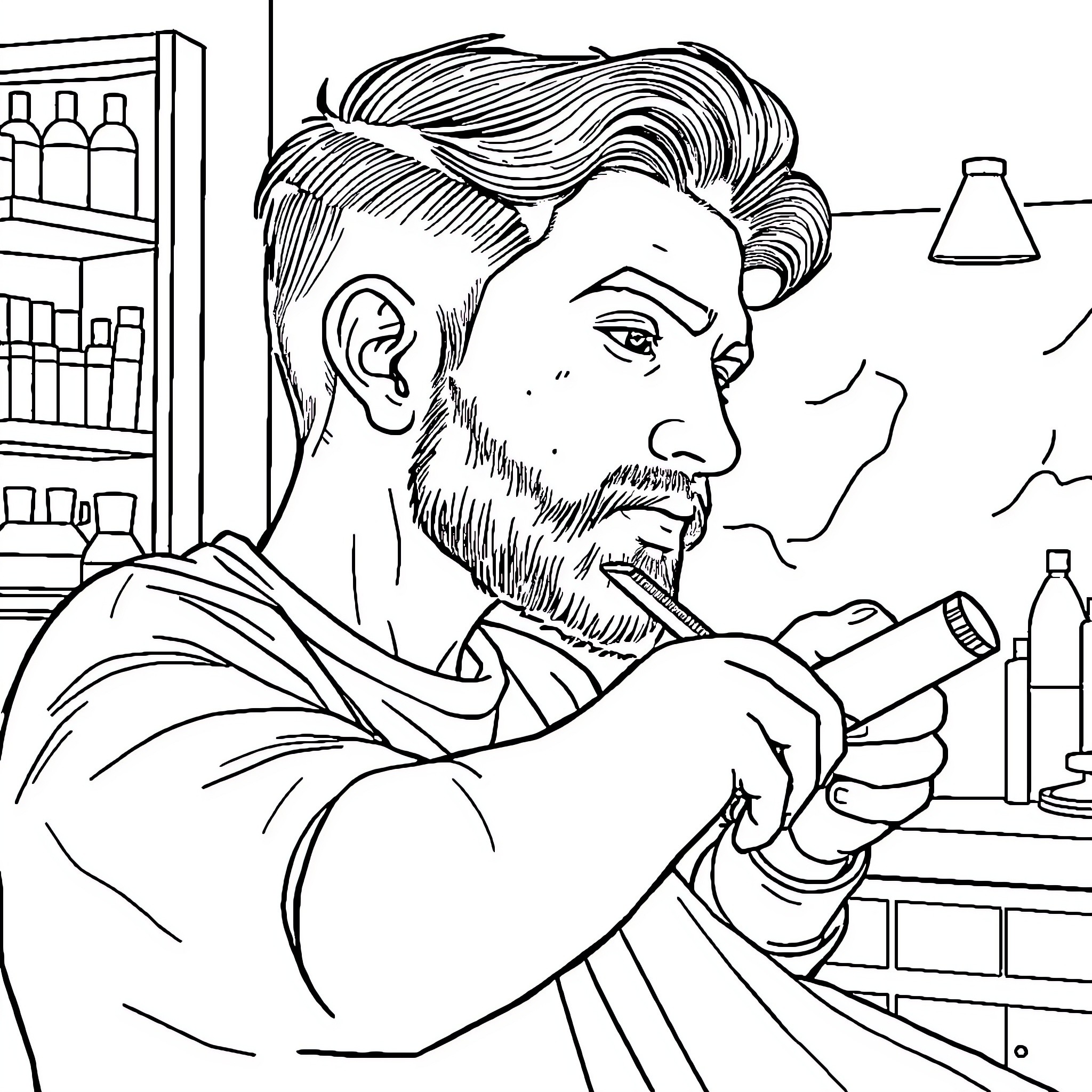 Pato Lucas working intently in his laboratory Coloring Page (free black-and-white line drawing printable PDF for all, from beginners to advanced learners, including children, teens, adults, and seniors)