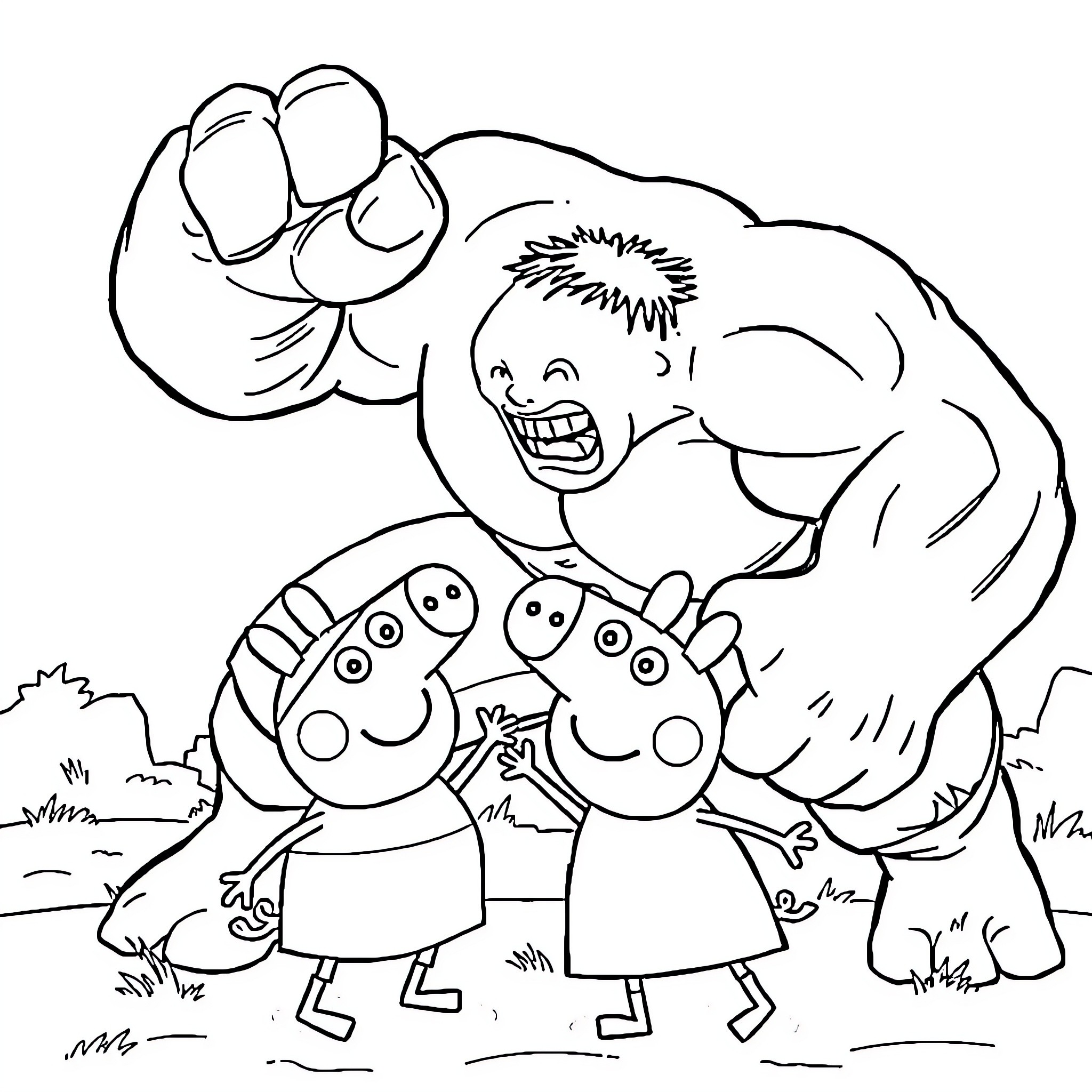 Hulk playfully interacts with cartoon characters Coloring Page (free black-and-white line drawing printable PDF for all, from beginners to advanced learners, including children, teens, adults, and seniors)