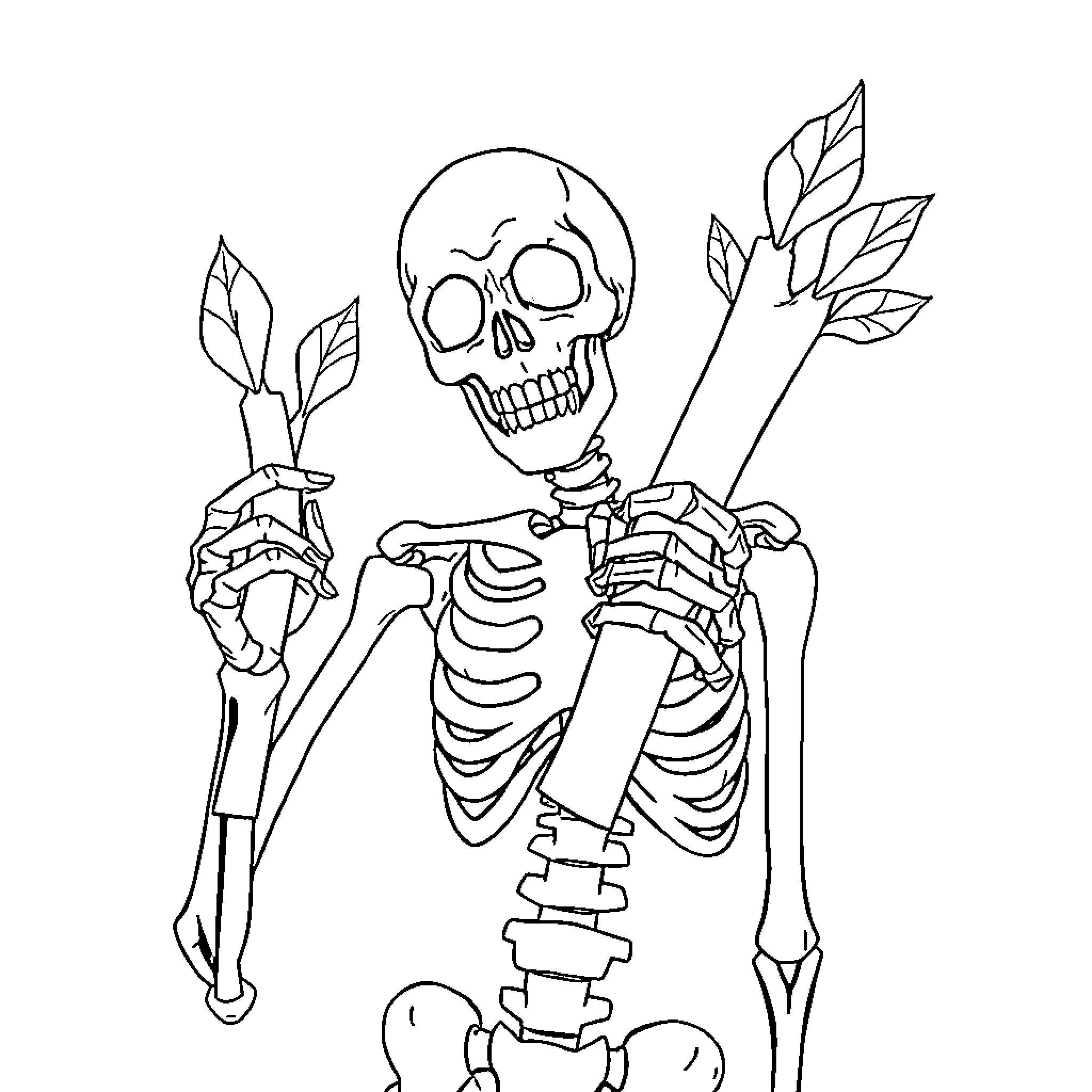 Skeleton hunting with bow and arrow Coloring Page (free black-and-white line drawing printable PDF for all, from beginners to advanced learners, including children, teens, adults, and seniors)