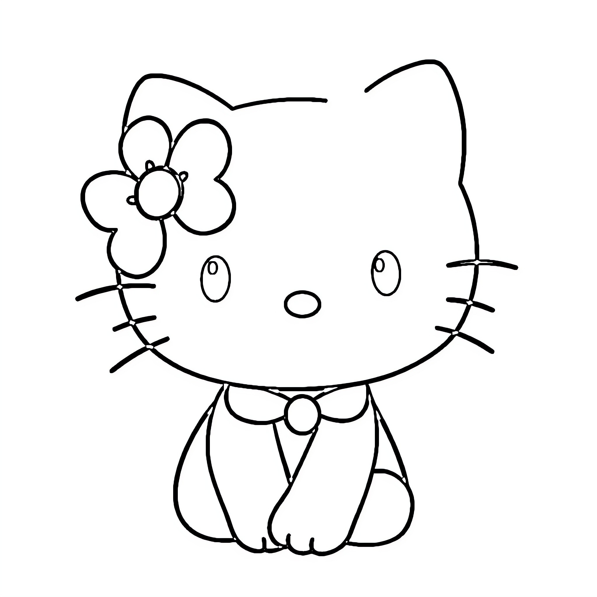Hello Kitty with a Flower Accessory Coloring Page (free black-and-white line drawing printable PDF for all, from beginners to advanced learners, including children, teens, adults, and seniors)