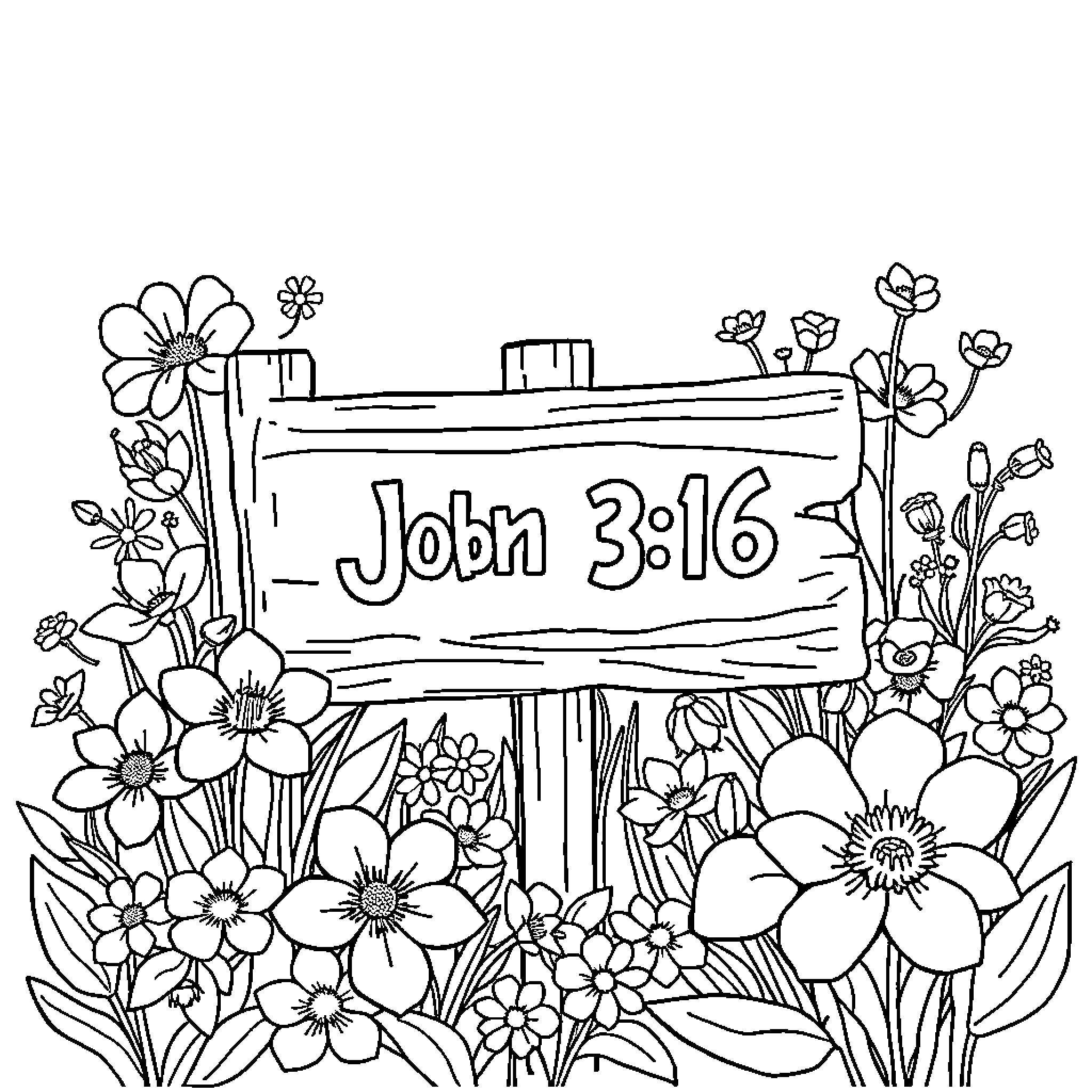 Flower-filled garden with scripture sign Coloring Page (free black-and-white line drawing printable PDF for all, from beginners to advanced learners, including children, teens, adults, and seniors)