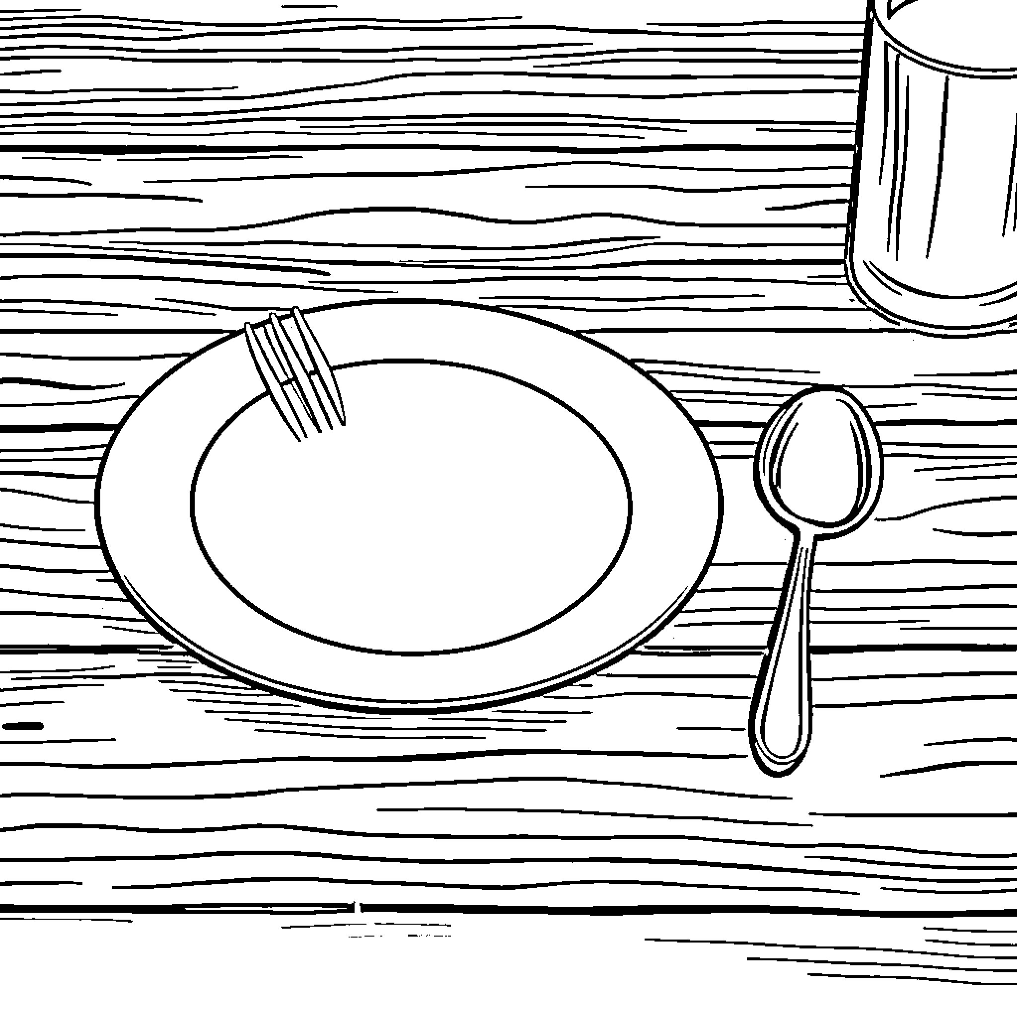 Table set with plate, fork, and spoon Coloring Page (free black-and-white line drawing printable PDF for all, from beginners to advanced learners, including children, teens, adults, and seniors)
