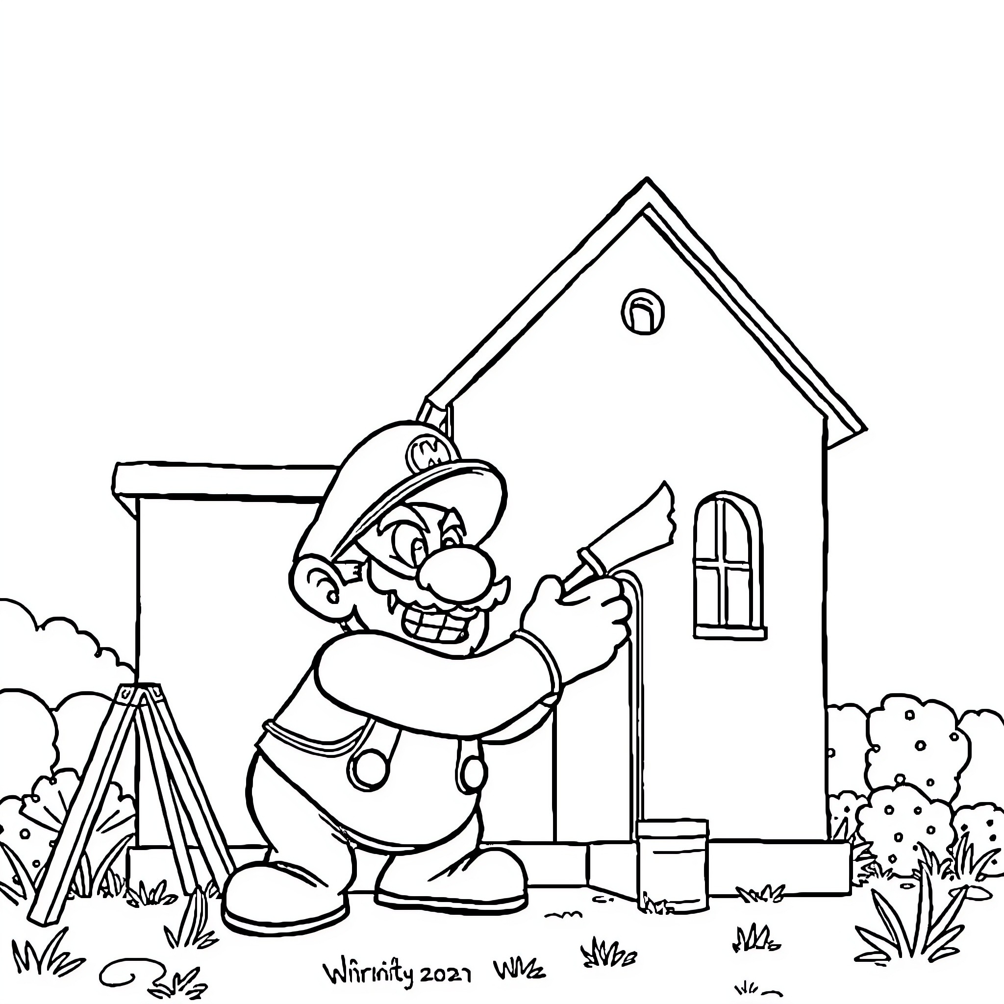 Wario painting his house with enthusiasm Coloring Page (free black-and-white line drawing printable PDF for all, from beginners to advanced learners, including children, teens, adults, and seniors)