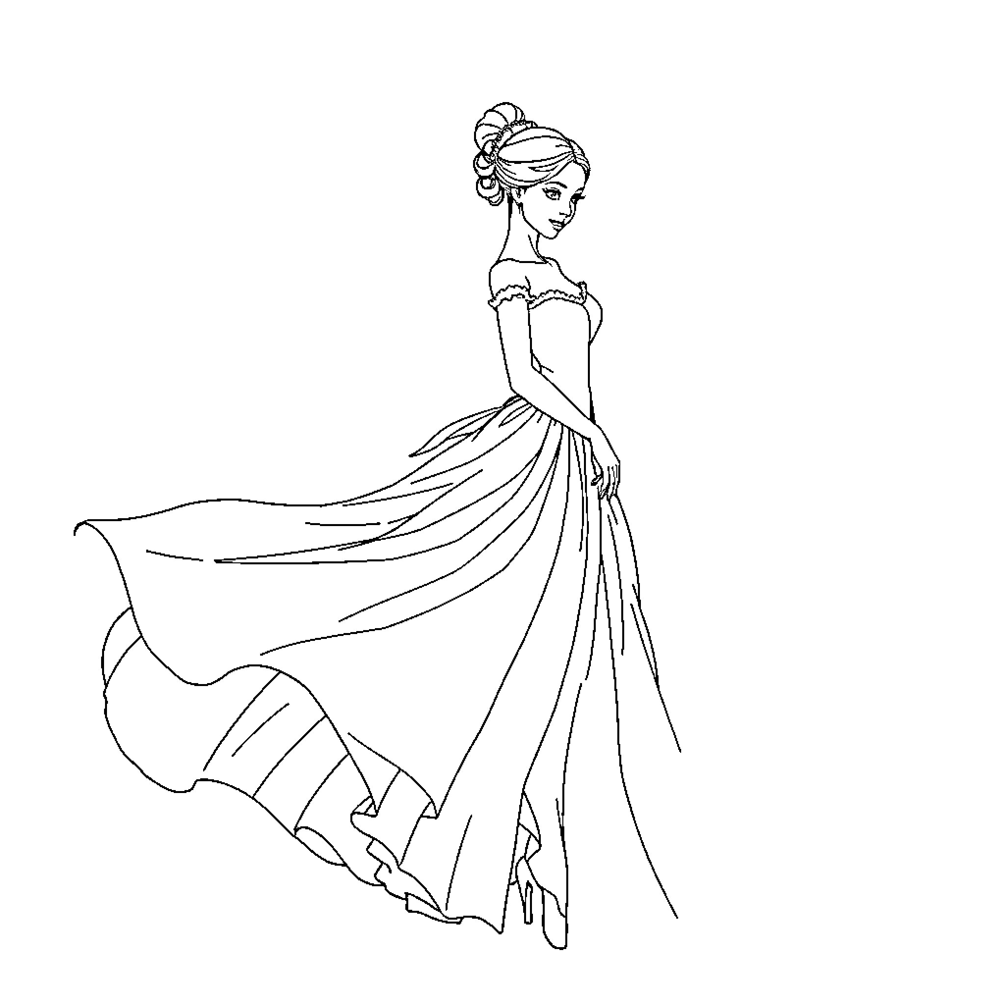 Odette's Elegant Ballroom Attire Coloring Page (free black-and-white line drawing printable PDF for all, from beginners to advanced learners, including children, teens, adults, and seniors)