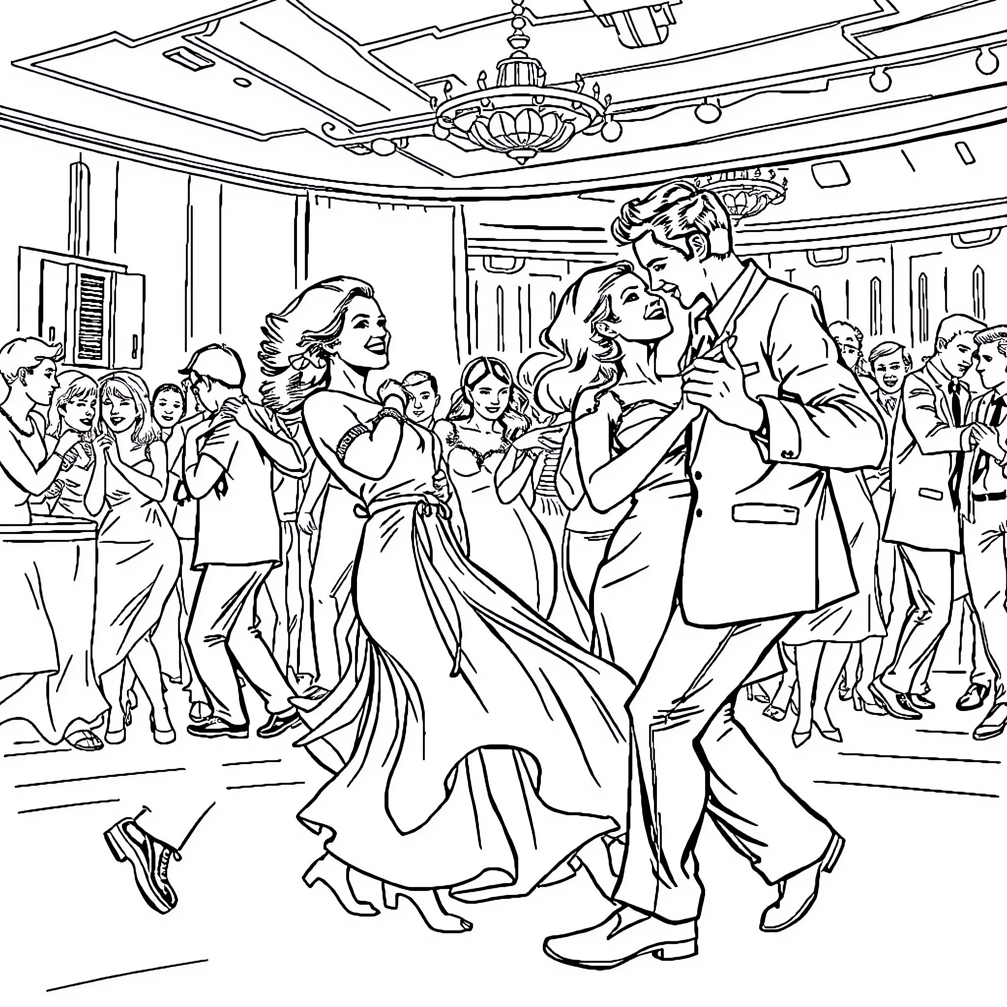 Frosoni: Ballroom Dance Scene Coloring Page (free black-and-white line drawing printable PDF for all, from beginners to advanced learners, including children, teens, adults, and seniors)