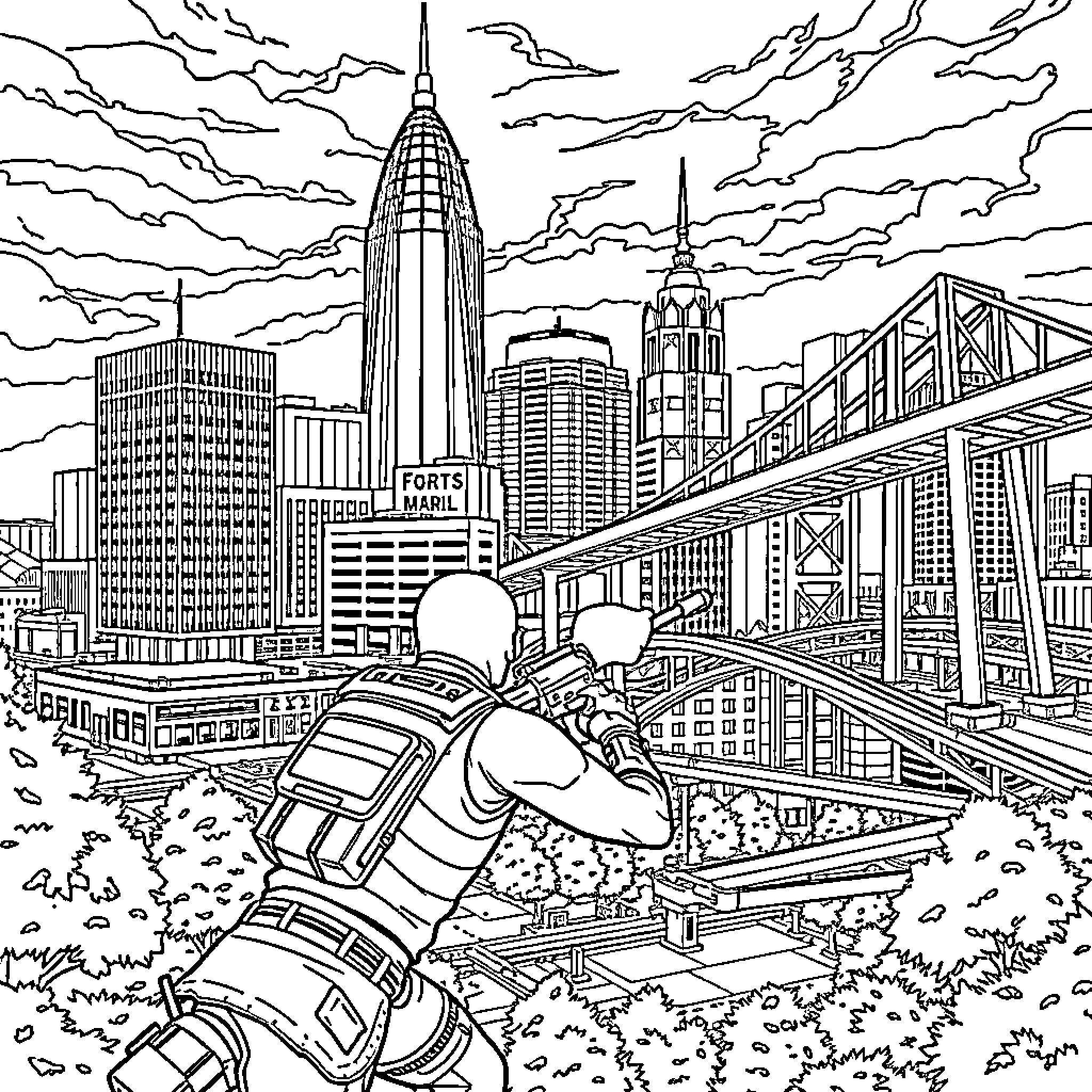 Fortnite characters exploring the city skyline Coloring Page (free black-and-white line drawing printable PDF for all, from beginners to advanced learners, including children, teens, adults, and seniors)