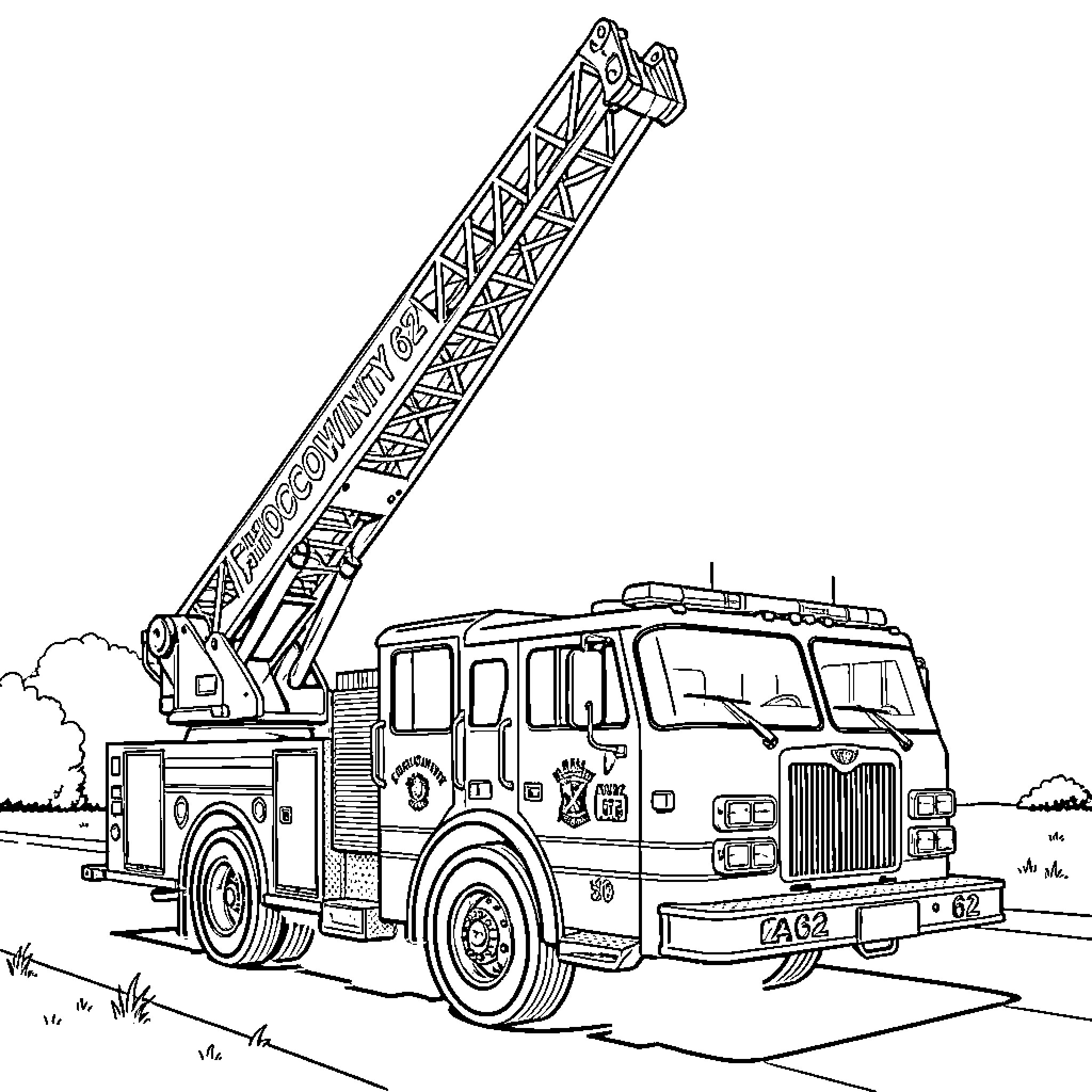 Fire Truck Extended Ladder in Action Coloring Page (free black-and-white line drawing printable PDF for all, from beginners to advanced learners, including children, teens, adults, and seniors)