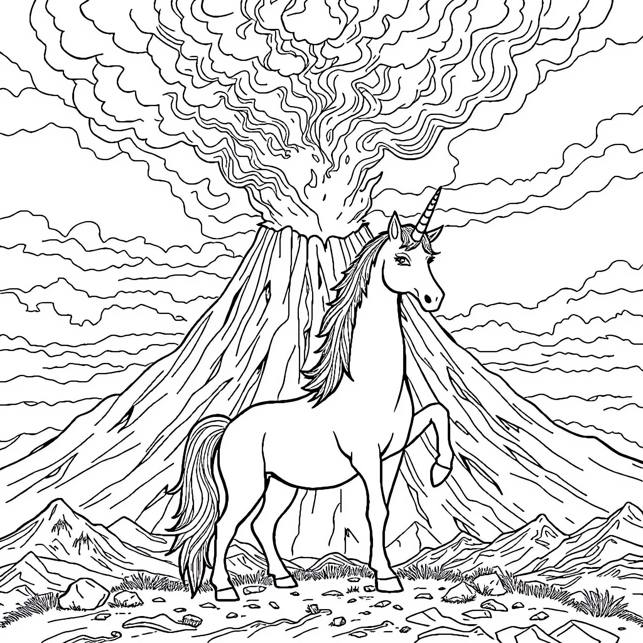 Unicorn standing tall amidst volcanic eruption Coloring Page (free black-and-white line drawing printable PDF for all, from beginners to advanced learners, including children, teens, adults, and seniors)
