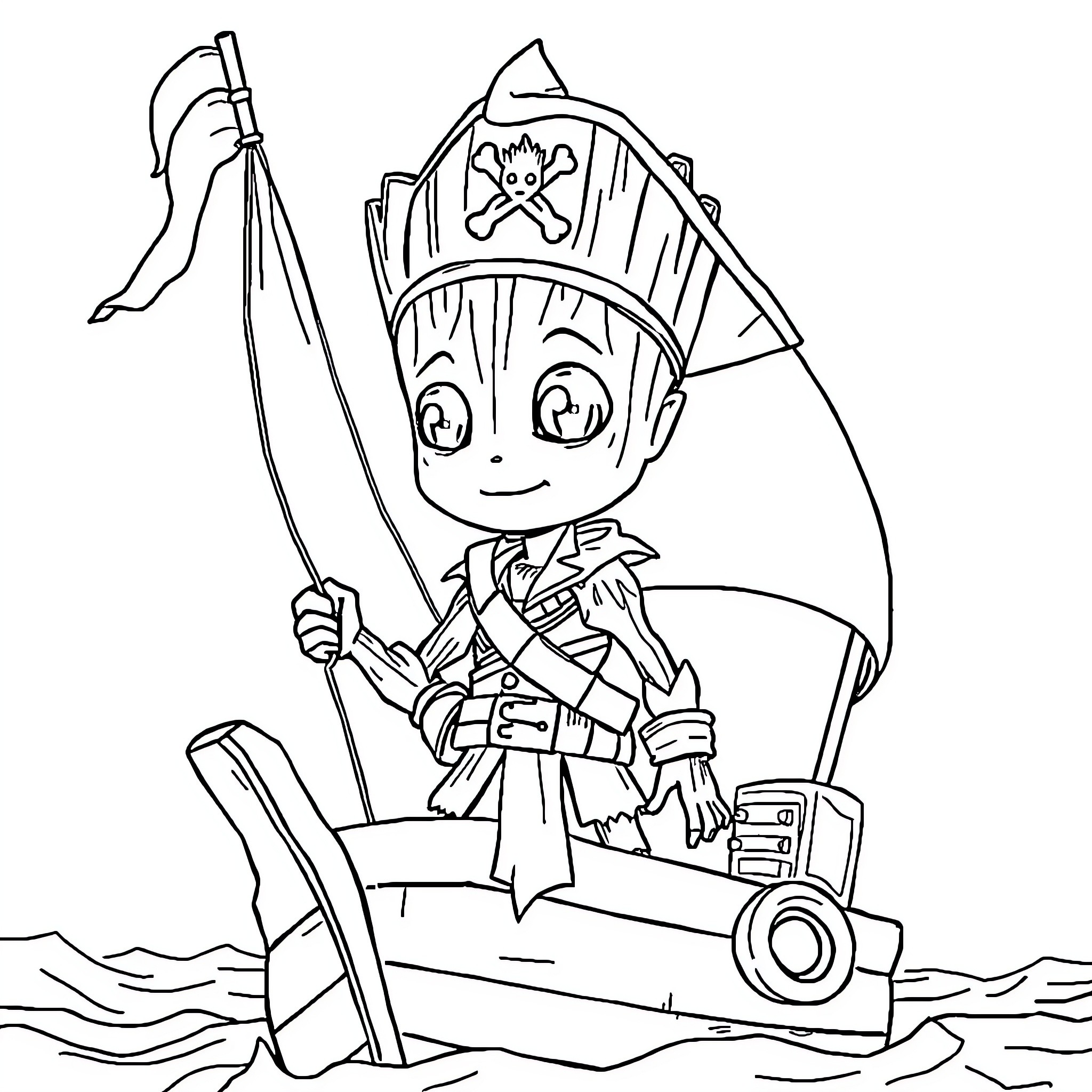 Groot as a Playful Pirate on the Sea Coloring Page (free black-and-white line drawing printable PDF for all, from beginners to advanced learners, including children, teens, adults, and seniors)