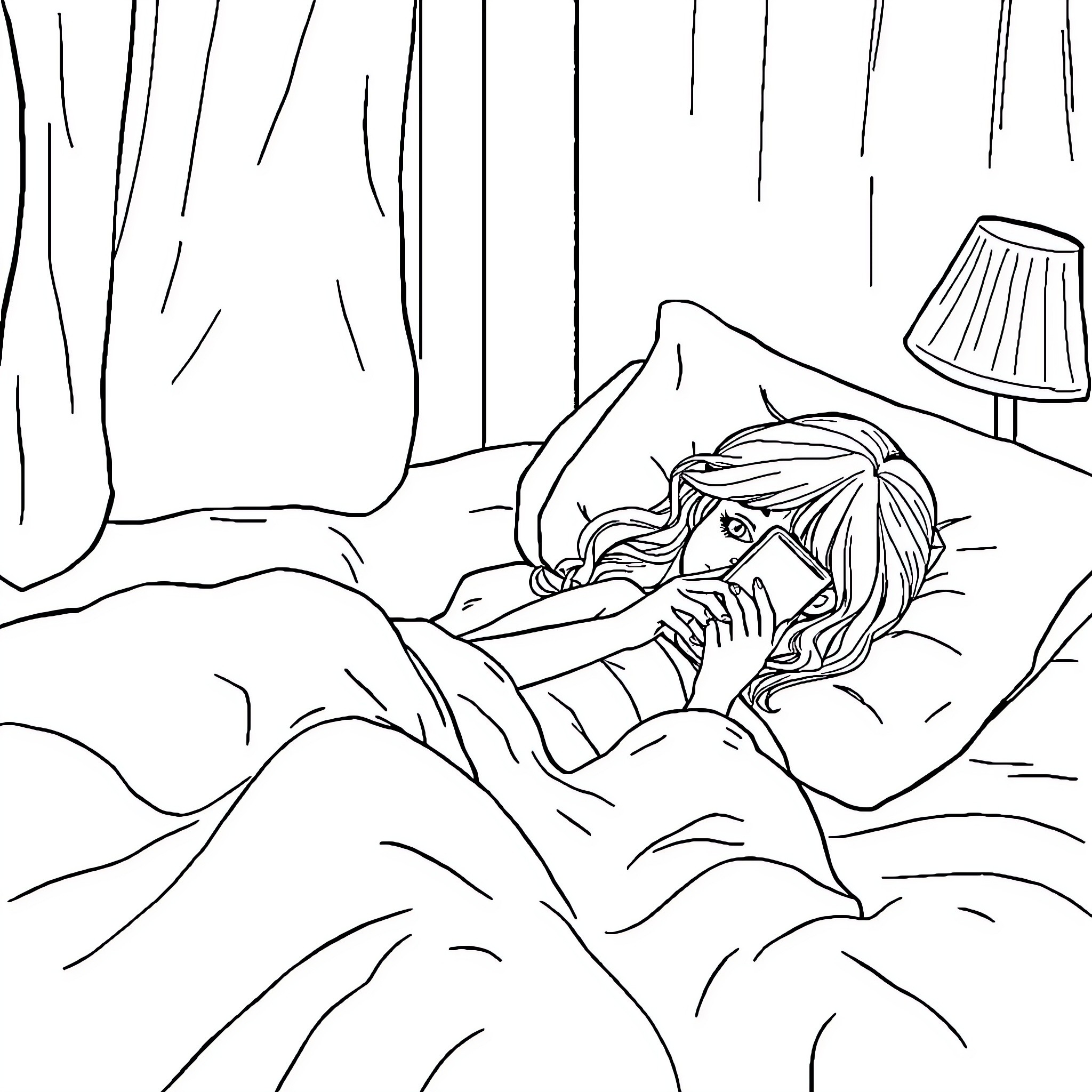 Girl resting peacefully in her bedroom Coloring Page (free black-and-white line drawing printable PDF for all, from beginners to advanced learners, including children, teens, adults, and seniors)