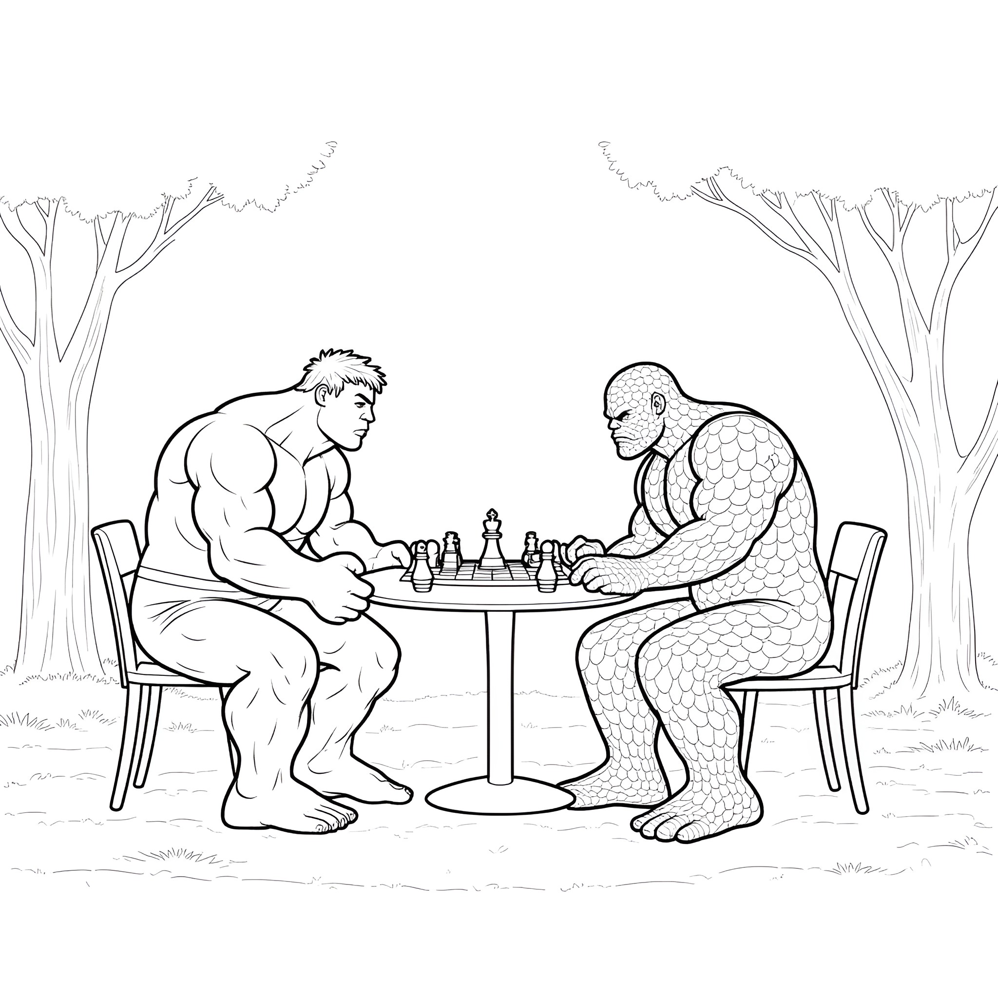 Hulk playing chess with a monster in the forest Coloring Page (free black-and-white line drawing printable PDF for all, from beginners to advanced learners, including children, teens, adults, and seniors)