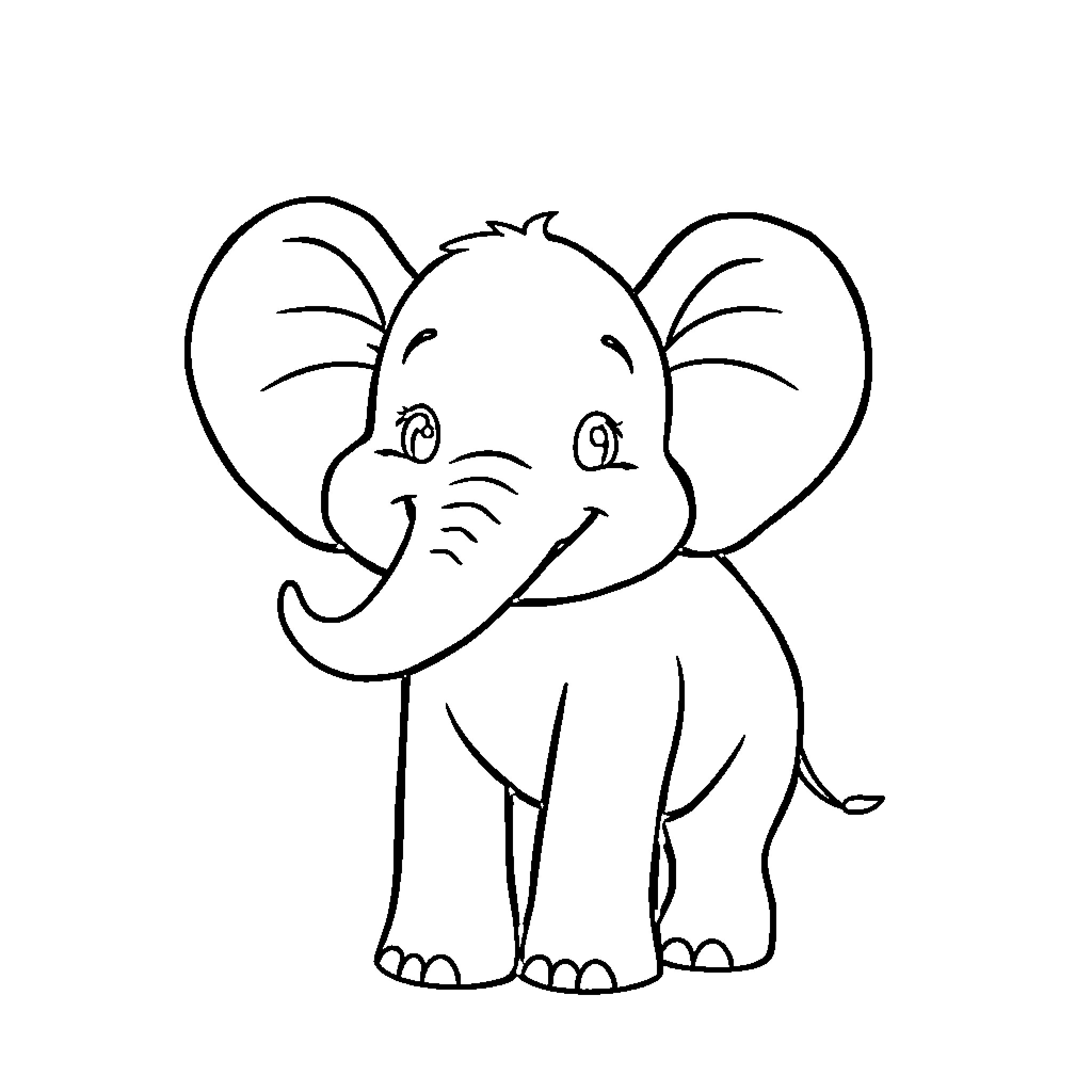 Baby Elephant with Cute Expression Coloring Page (free black-and-white line drawing printable PDF for all, from beginners to advanced learners, including children, teens, adults, and seniors)
