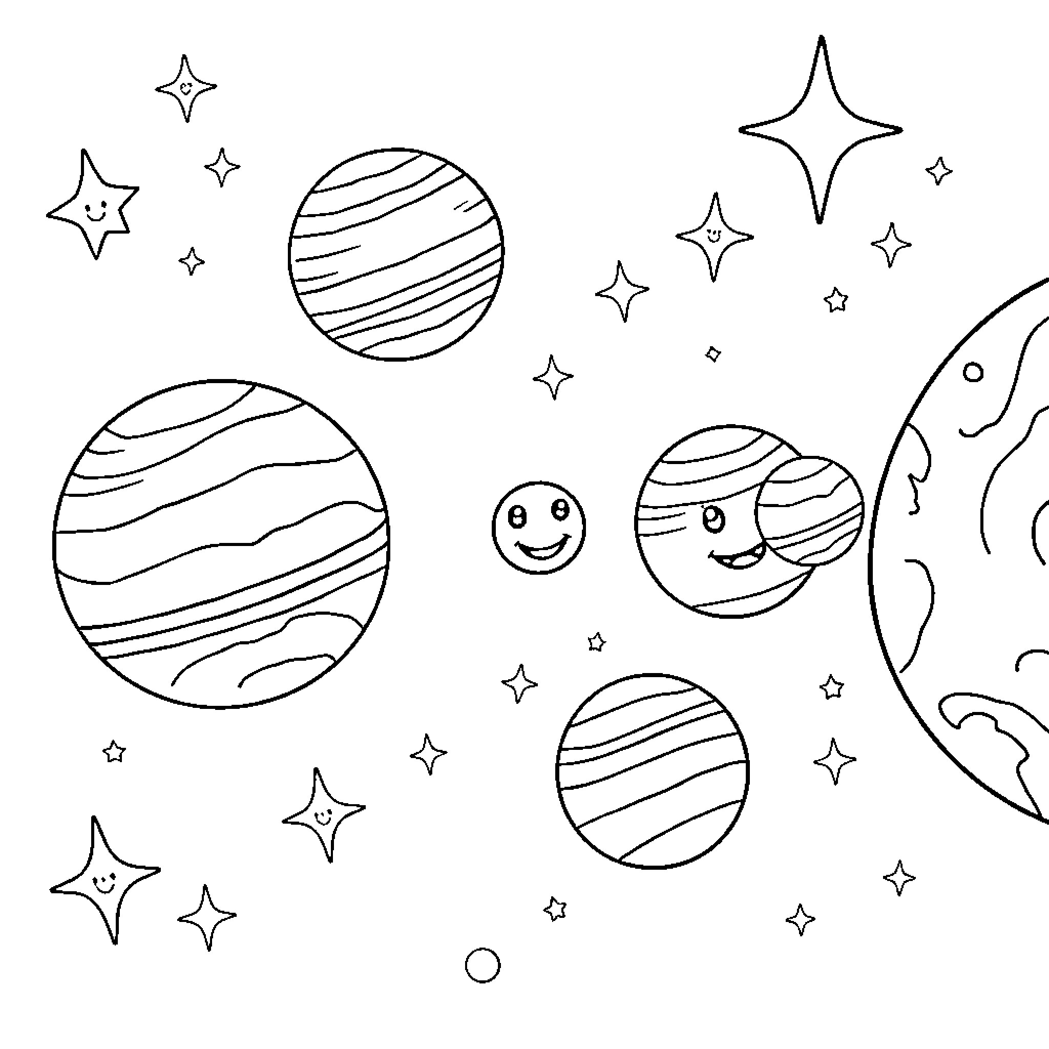 Solar System with Playful Celestial Objects Coloring Page (free black-and-white line drawing printable PDF for all, from beginners to advanced learners, including children, teens, adults, and seniors)