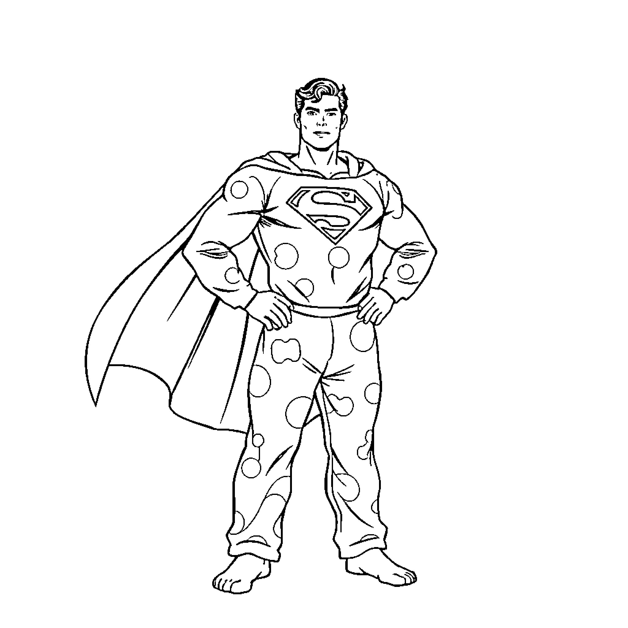 Superman in polka dot costume striking heroic pose Coloring Page (free black-and-white line drawing printable PDF for all, from beginners to advanced learners, including children, teens, adults, and seniors)
