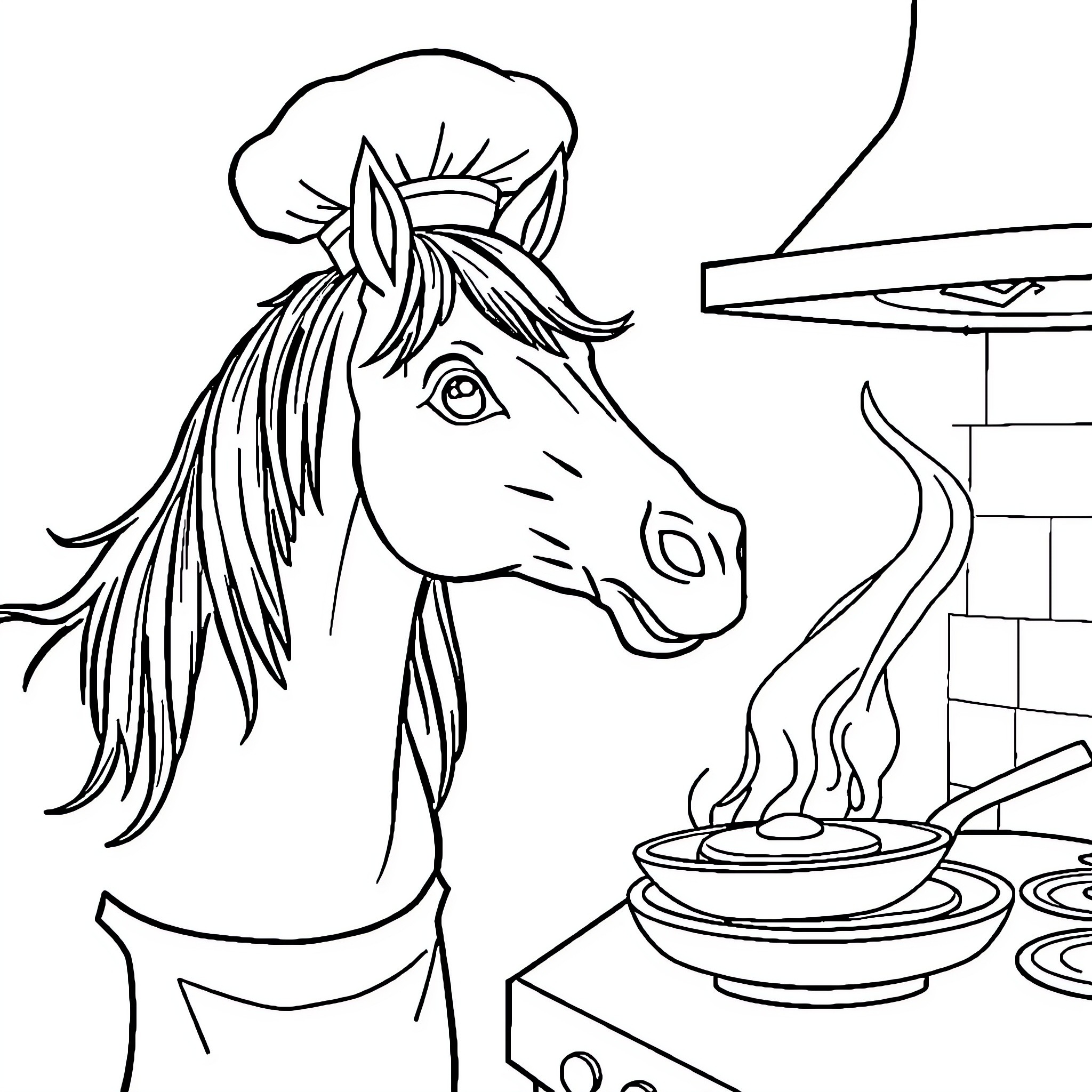 Horse chef cooking in the kitchen Coloring Page (free black-and-white line drawing printable PDF for all, from beginners to advanced learners, including children, teens, adults, and seniors)