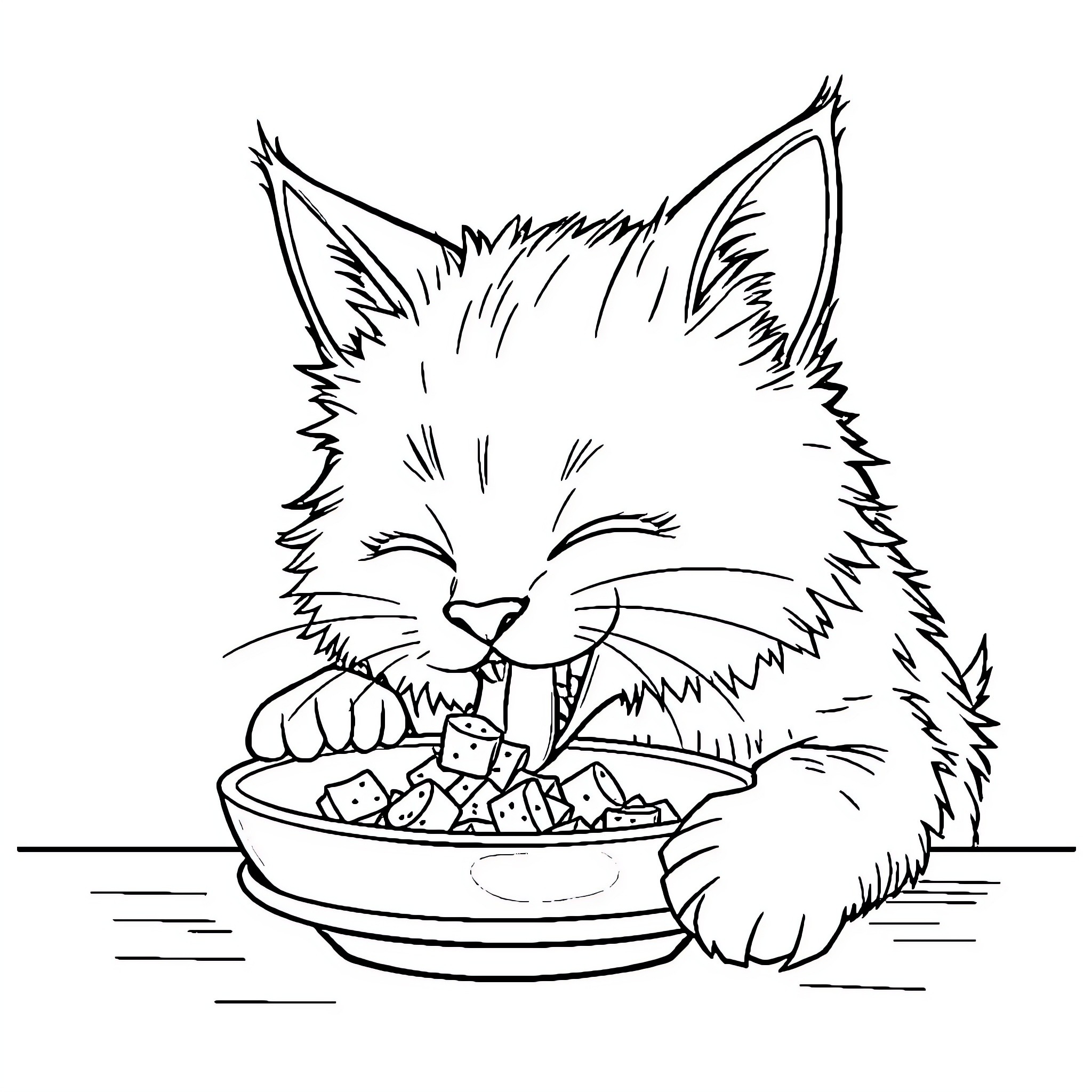 Cat enjoying its meal in the bowl Coloring Page (free black-and-white line drawing printable PDF for all, from beginners to advanced learners, including children, teens, adults, and seniors)