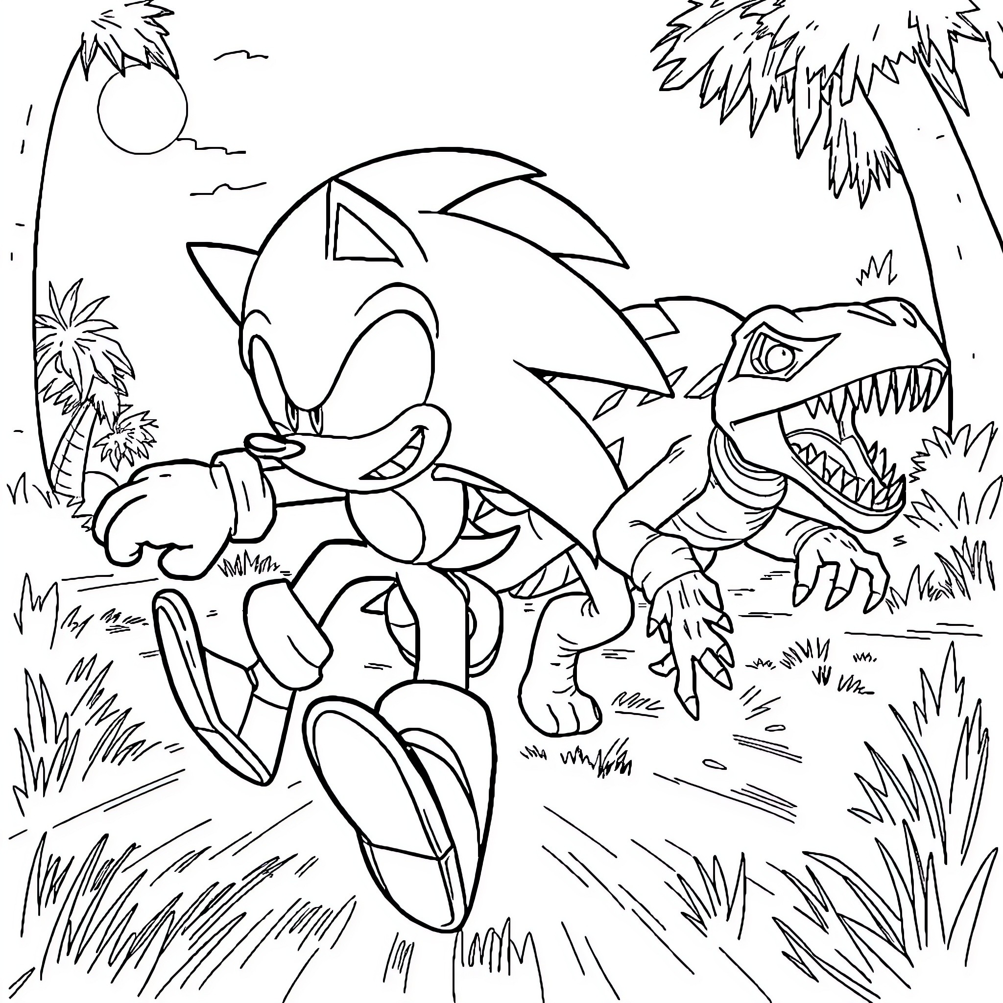 Sonic running from a ferocious dinosaur in a tropical setting Coloring Page (free black-and-white line drawing printable PDF for all, from beginners to advanced learners, including children, teens, adults, and seniors)