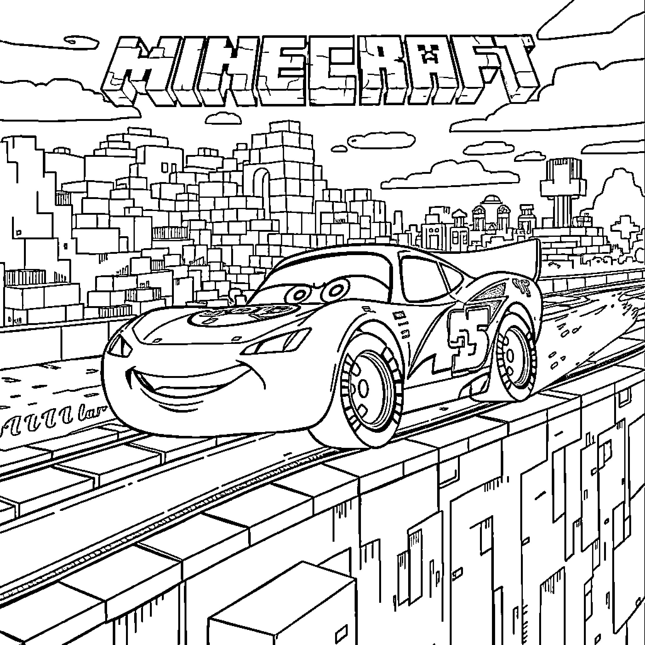Lightning McQueen racing through the city Coloring Page (free black-and-white line drawing printable PDF for all, from beginners to advanced learners, including children, teens, adults, and seniors)