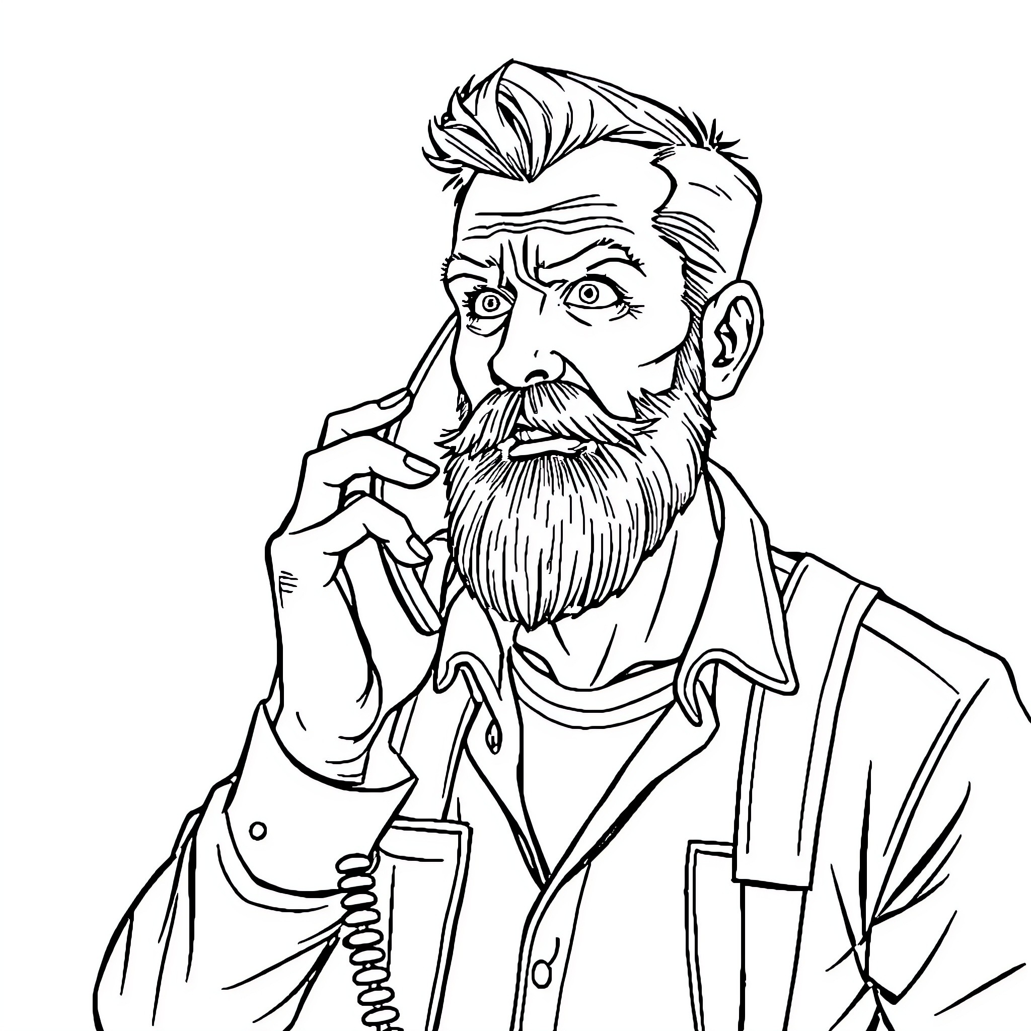 Man with a Thoughtful Gaze and Expressive Beard Coloring Page (free black-and-white line drawing printable PDF for all, from beginners to advanced learners, including children, teens, adults, and seniors)