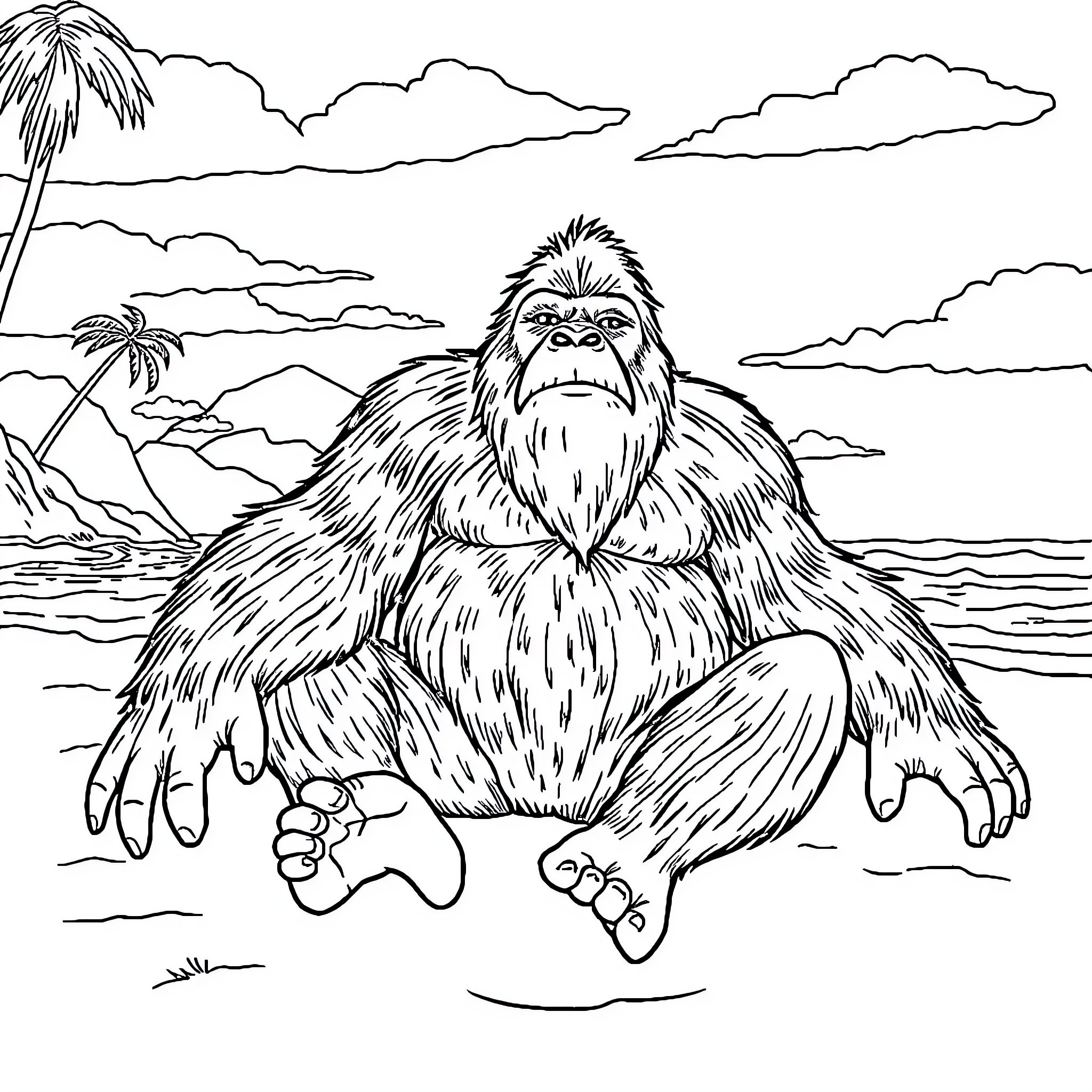 Bigfoot relaxing on a tropical beach Coloring Page (free black-and-white line drawing printable PDF for all, from beginners to advanced learners, including children, teens, adults, and seniors)