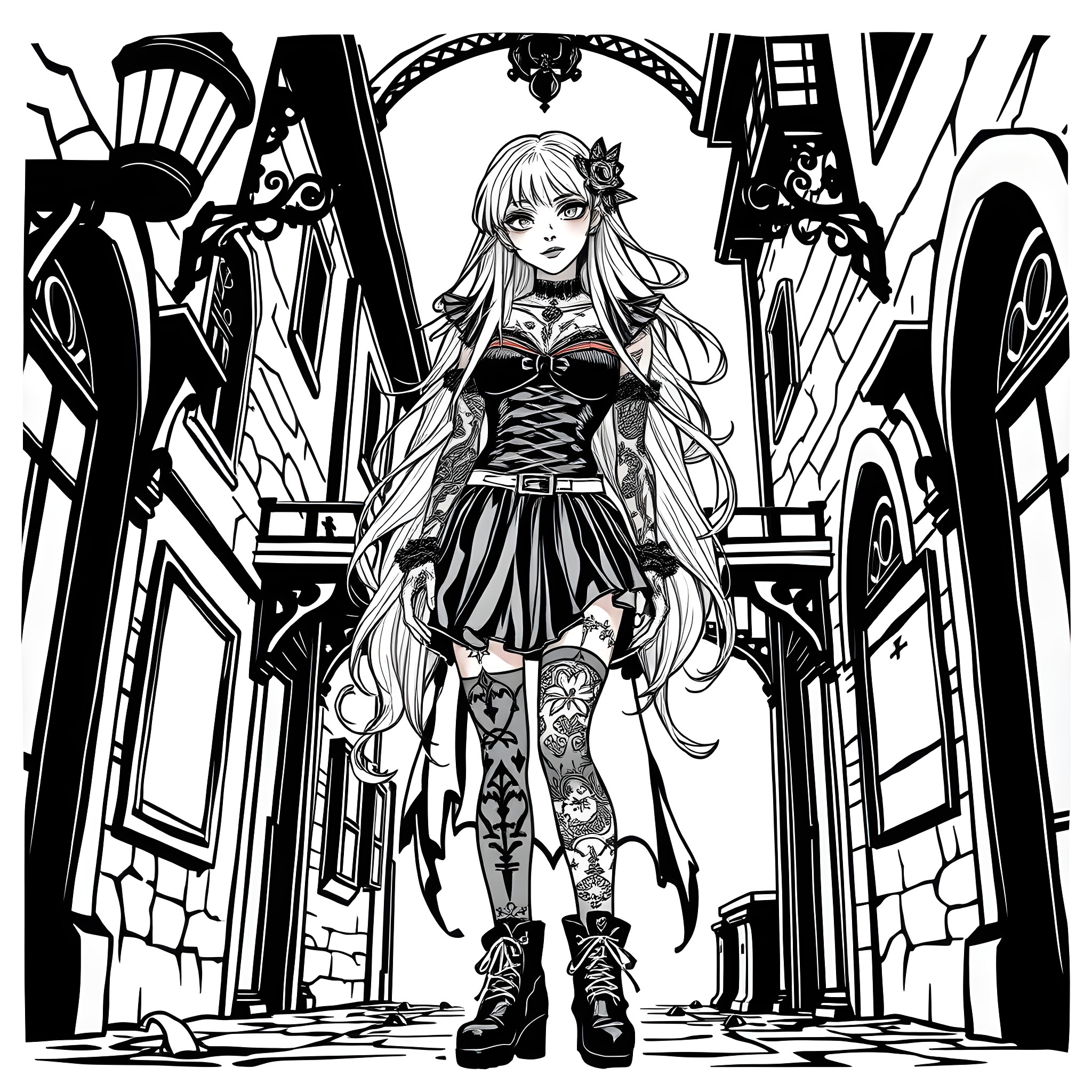 Goth Girl in a Fantastical Urban Setting Coloring Page (free black-and-white line drawing printable PDF for all, from beginners to advanced learners, including children, teens, adults, and seniors)