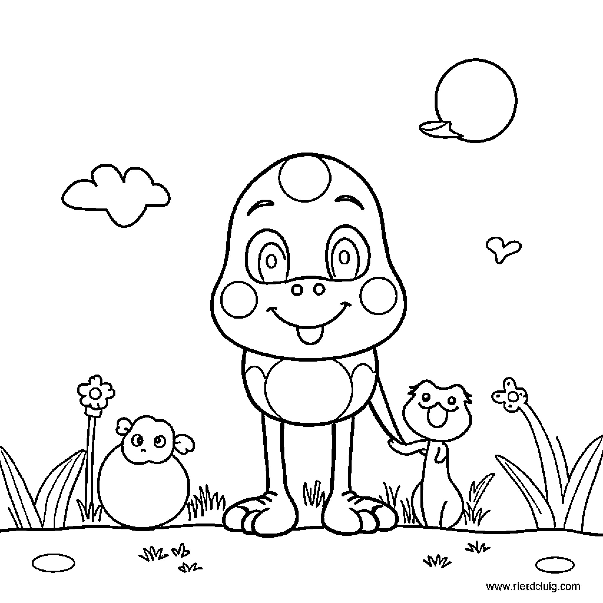 PE Creatures enjoying nature's wonders Coloring Page (free black-and-white line drawing printable PDF for all, from beginners to advanced learners, including children, teens, adults, and seniors)