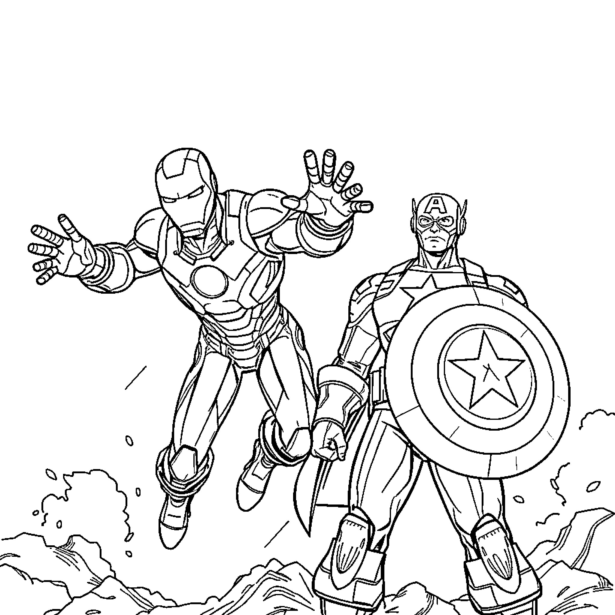 Iron Man and Captain America Superheroes in Action Coloring Page (free black-and-white line drawing printable PDF for all, from beginners to advanced learners, including children, teens, adults, and seniors)