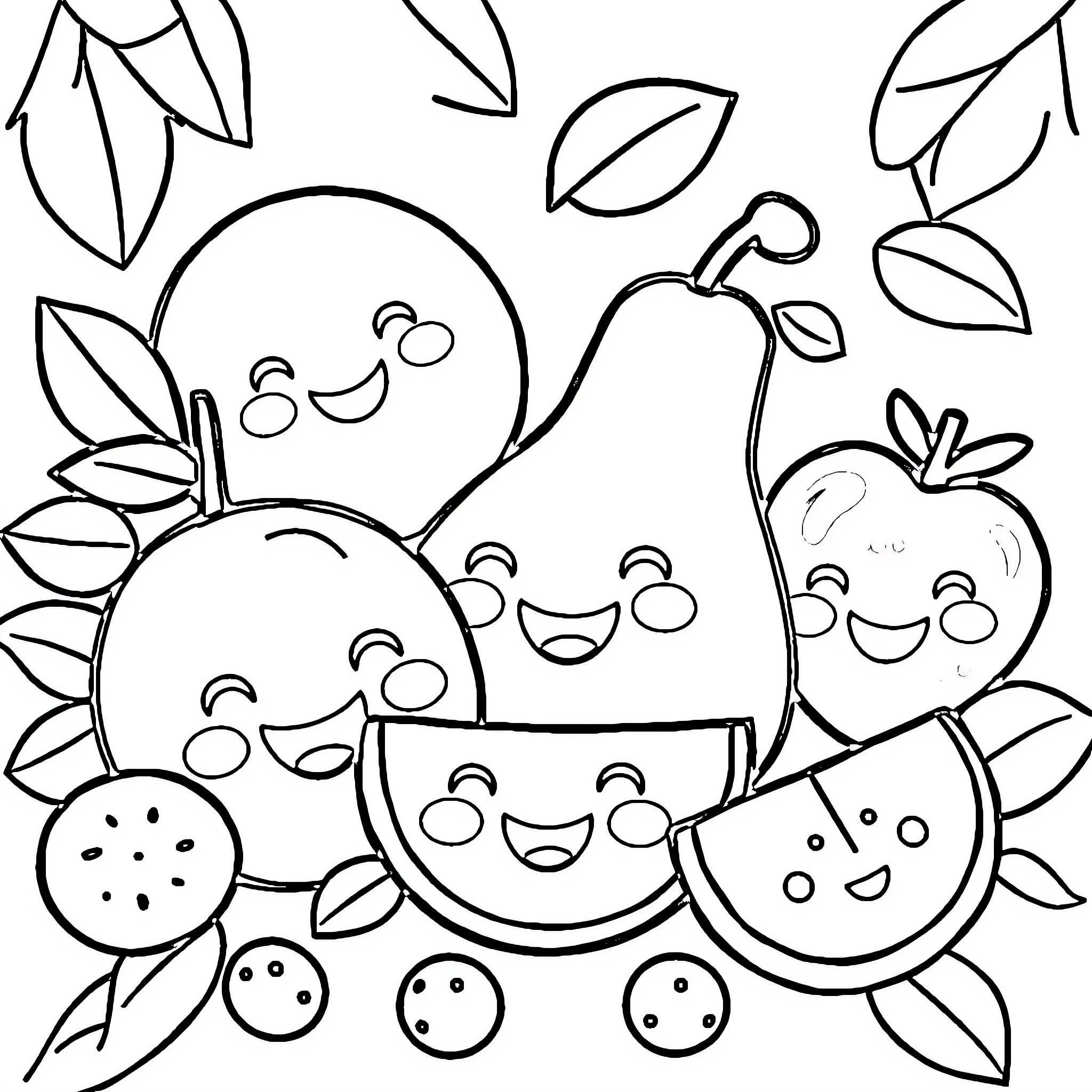 Fruit friends in a playful scene Coloring Page (free black-and-white line drawing printable PDF for all, from beginners to advanced learners, including children, teens, adults, and seniors)