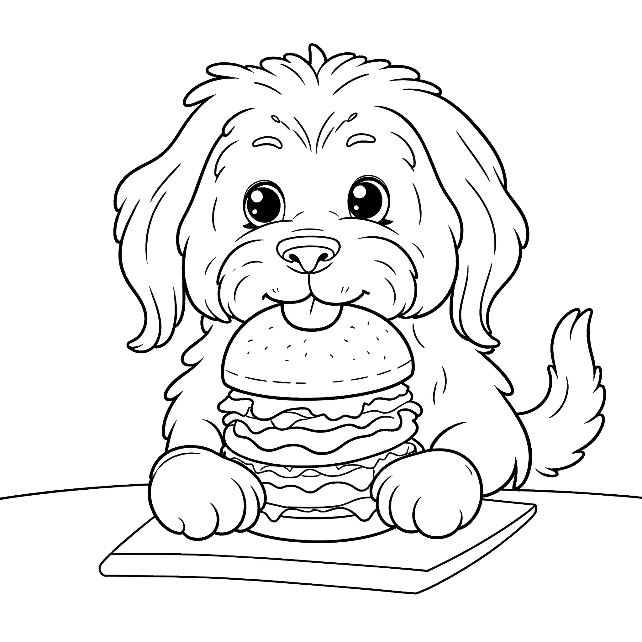 Maltese puppy enjoying a tasty burger Coloring Page (free black-and-white line drawing printable PDF for all, from beginners to advanced learners, including children, teens, adults, and seniors)