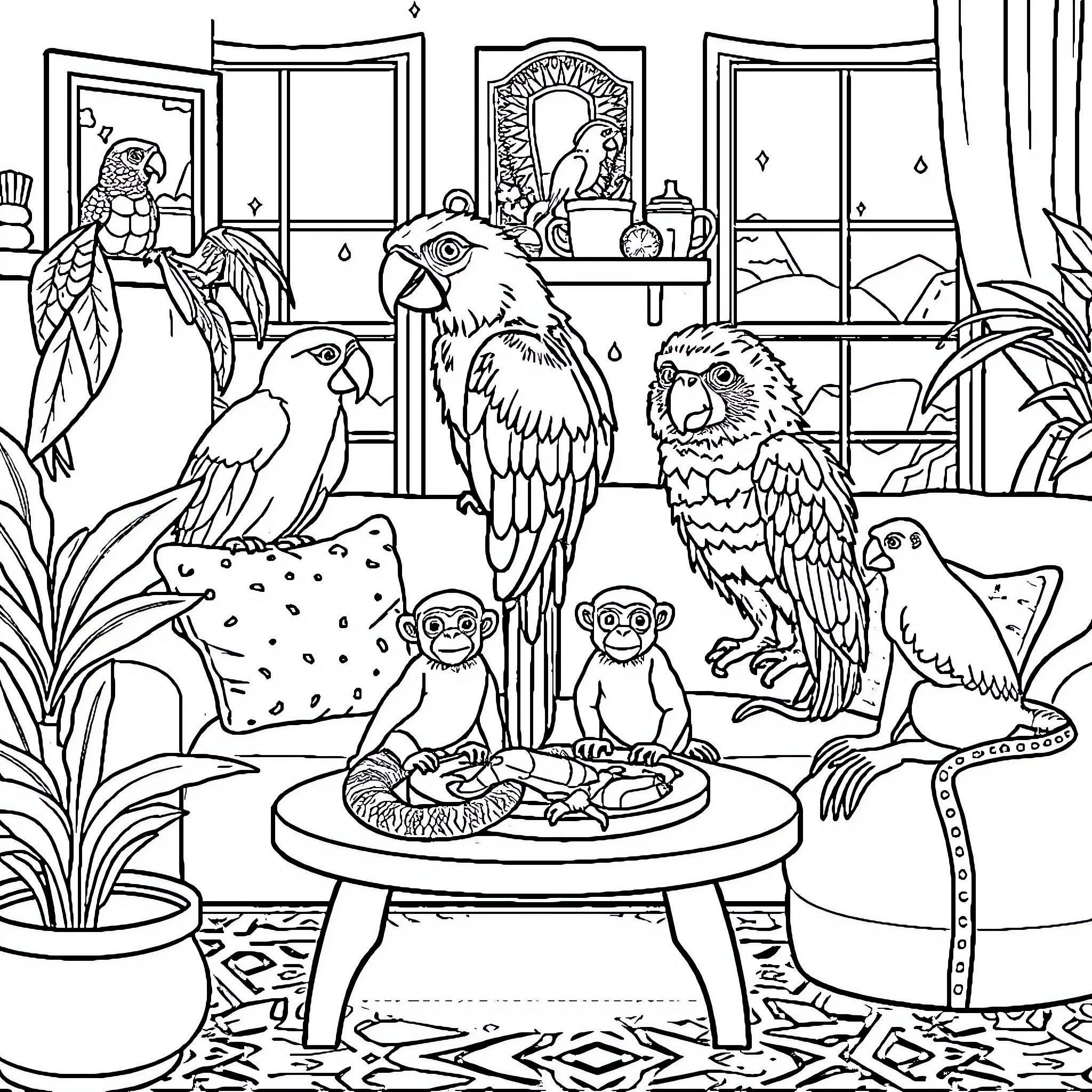 Pet Parrots and Monkeys Enjoying Cozy Indoor Space Coloring Page (free black-and-white line drawing printable PDF for all, from beginners to advanced learners, including children, teens, adults, and seniors)