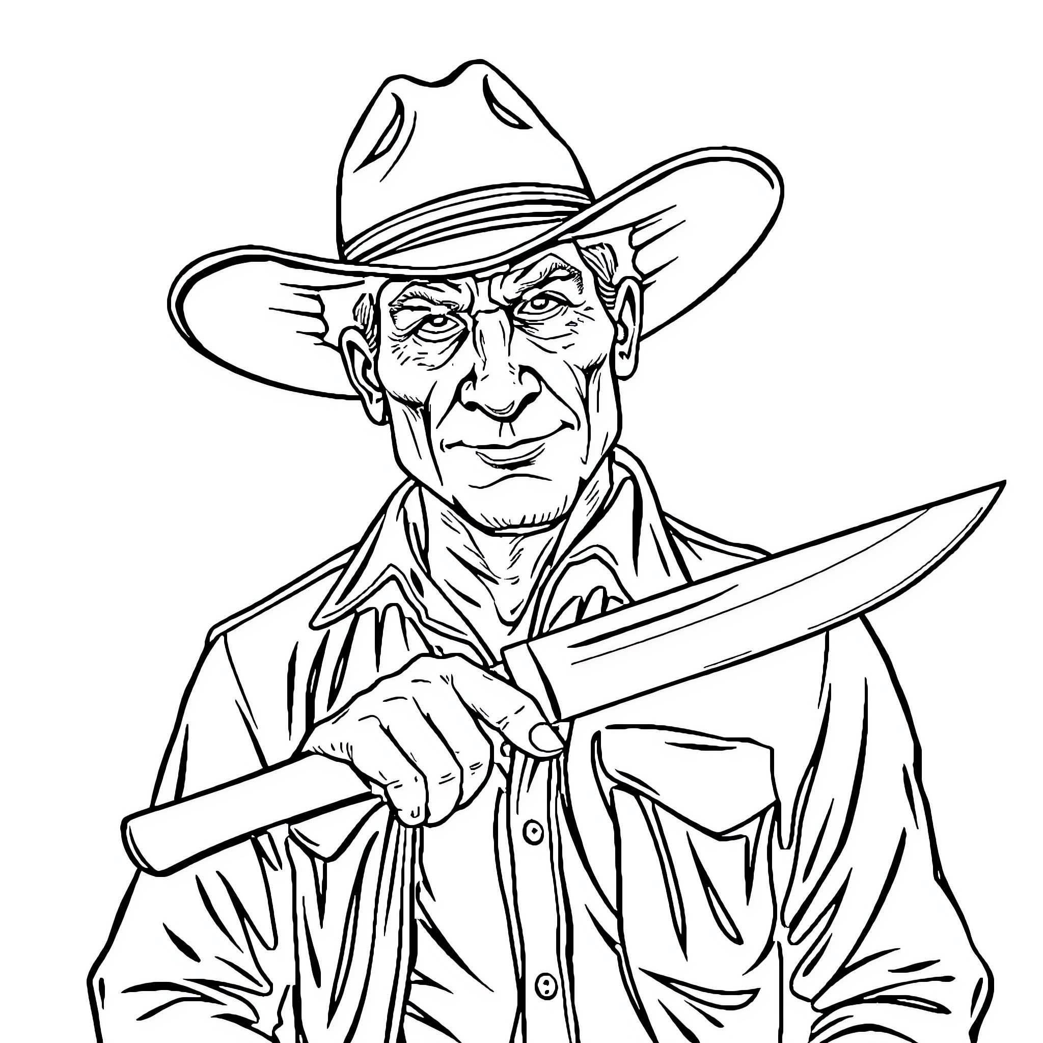Crocodile Hunter Holding Hunting Knife Coloring Page (free black-and-white line drawing printable PDF for all, from beginners to advanced learners, including children, teens, adults, and seniors)
