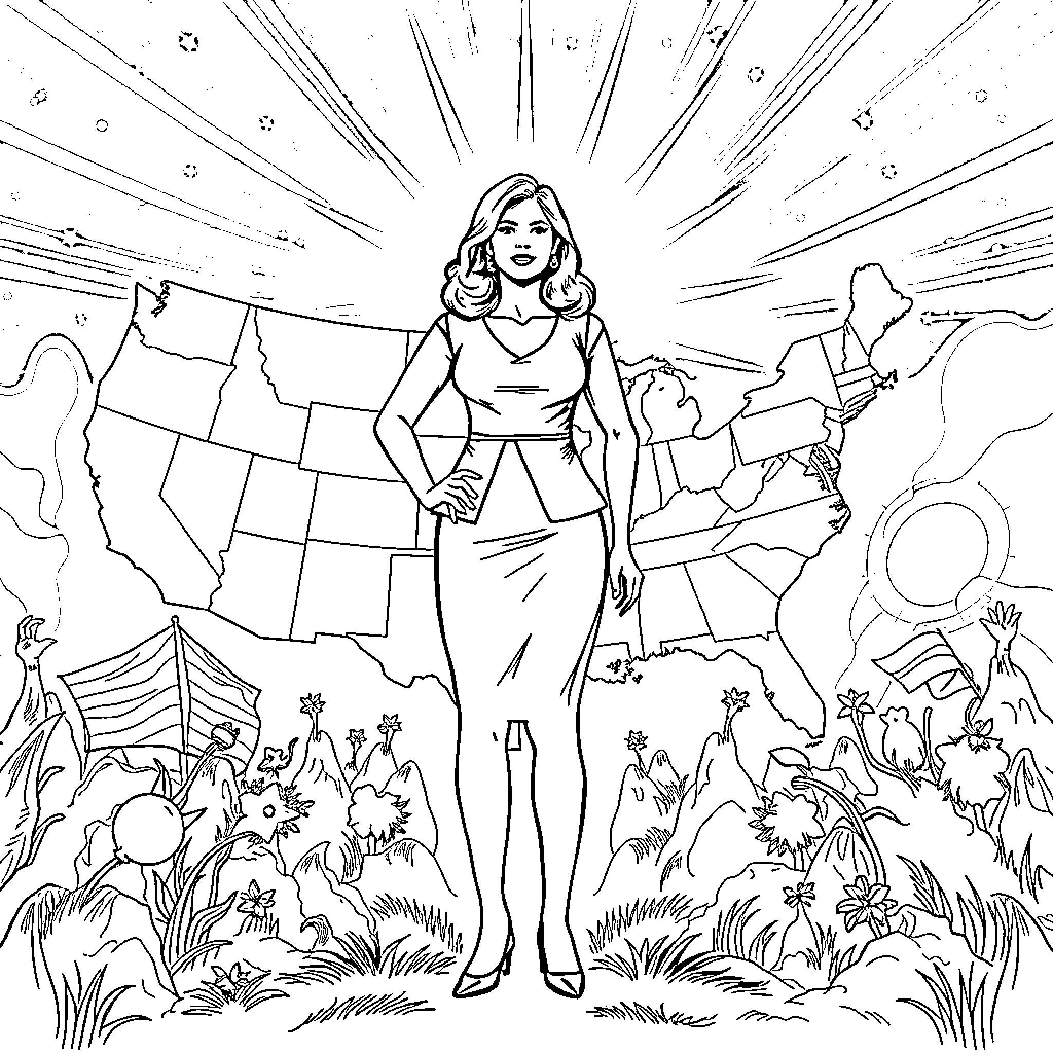 Woman Stands Tall Amidst Vibrant Landscape Coloring Page (free black-and-white line drawing printable PDF for all, from beginners to advanced learners, including children, teens, adults, and seniors)