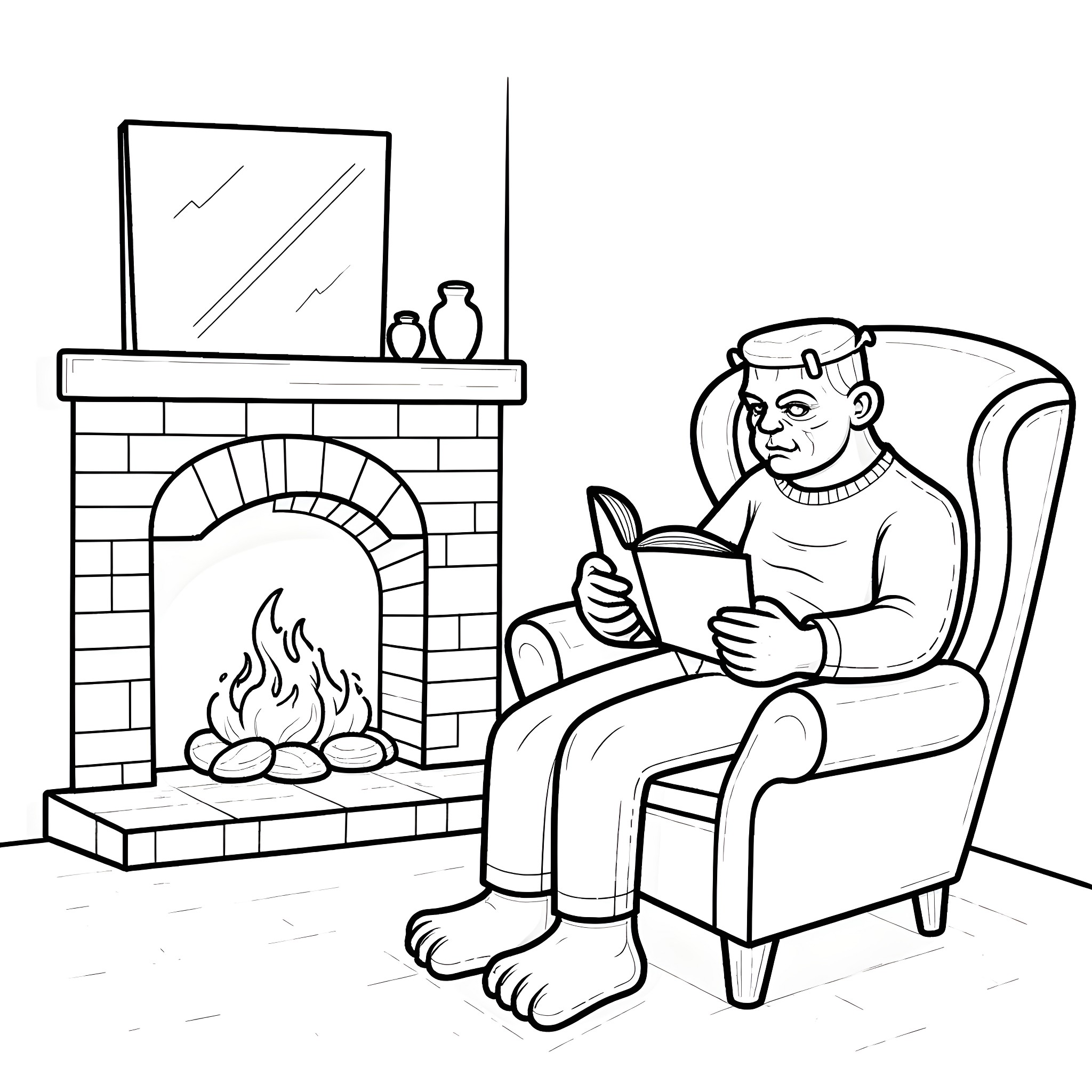 Frankenstein reading by the fireplace Coloring Page (free black-and-white line drawing printable PDF for all, from beginners to advanced learners, including children, teens, adults, and seniors)