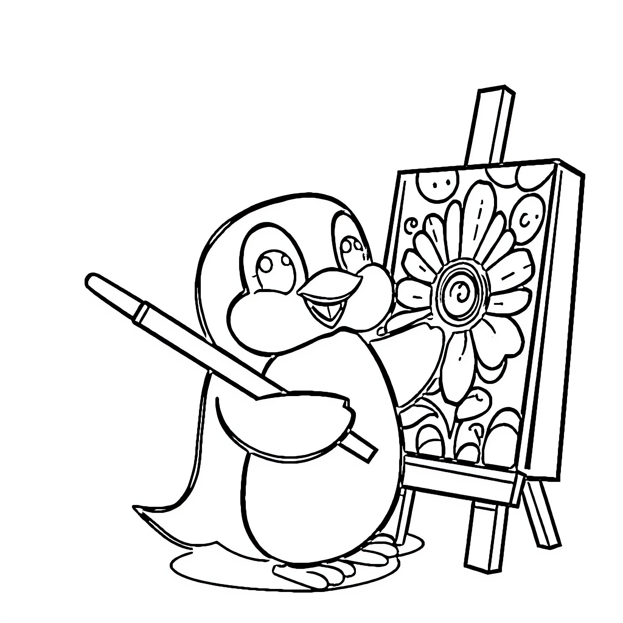 Penguin painting whimsical artwork on easel Coloring Page (free black-and-white line drawing printable PDF for all, from beginners to advanced learners, including children, teens, adults, and seniors)