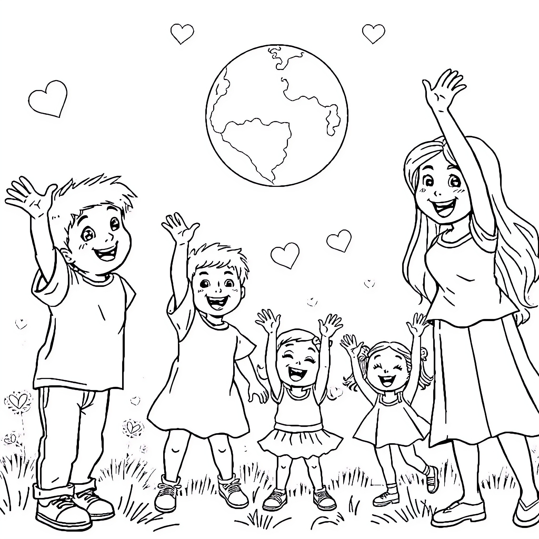 Boy and friends celebrating earth's beauty Coloring Page (free black-and-white line drawing printable PDF for all, from beginners to advanced learners, including children, teens, adults, and seniors)
