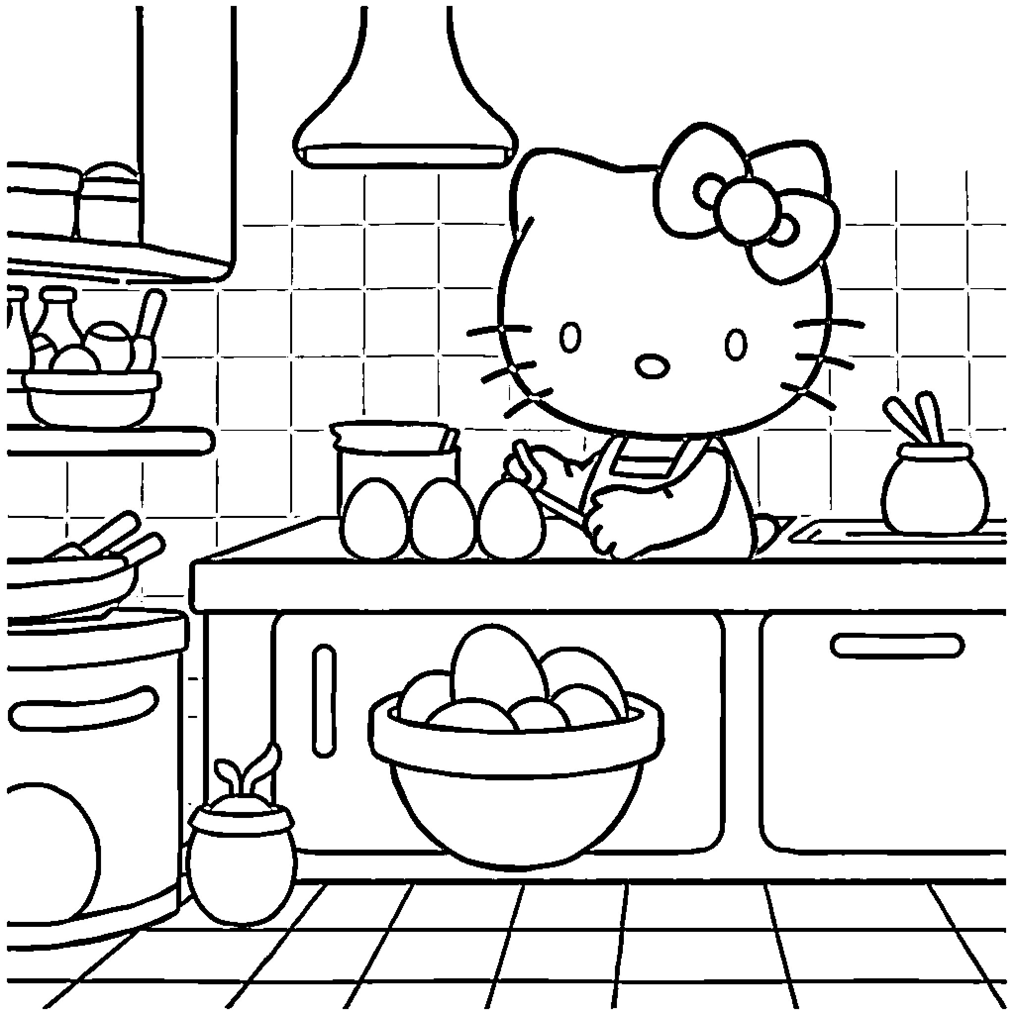 Hello Kitty in the Cozy Kitchen Coloring Page (free black-and-white line drawing printable PDF for all, from beginners to advanced learners, including children, teens, adults, and seniors)
